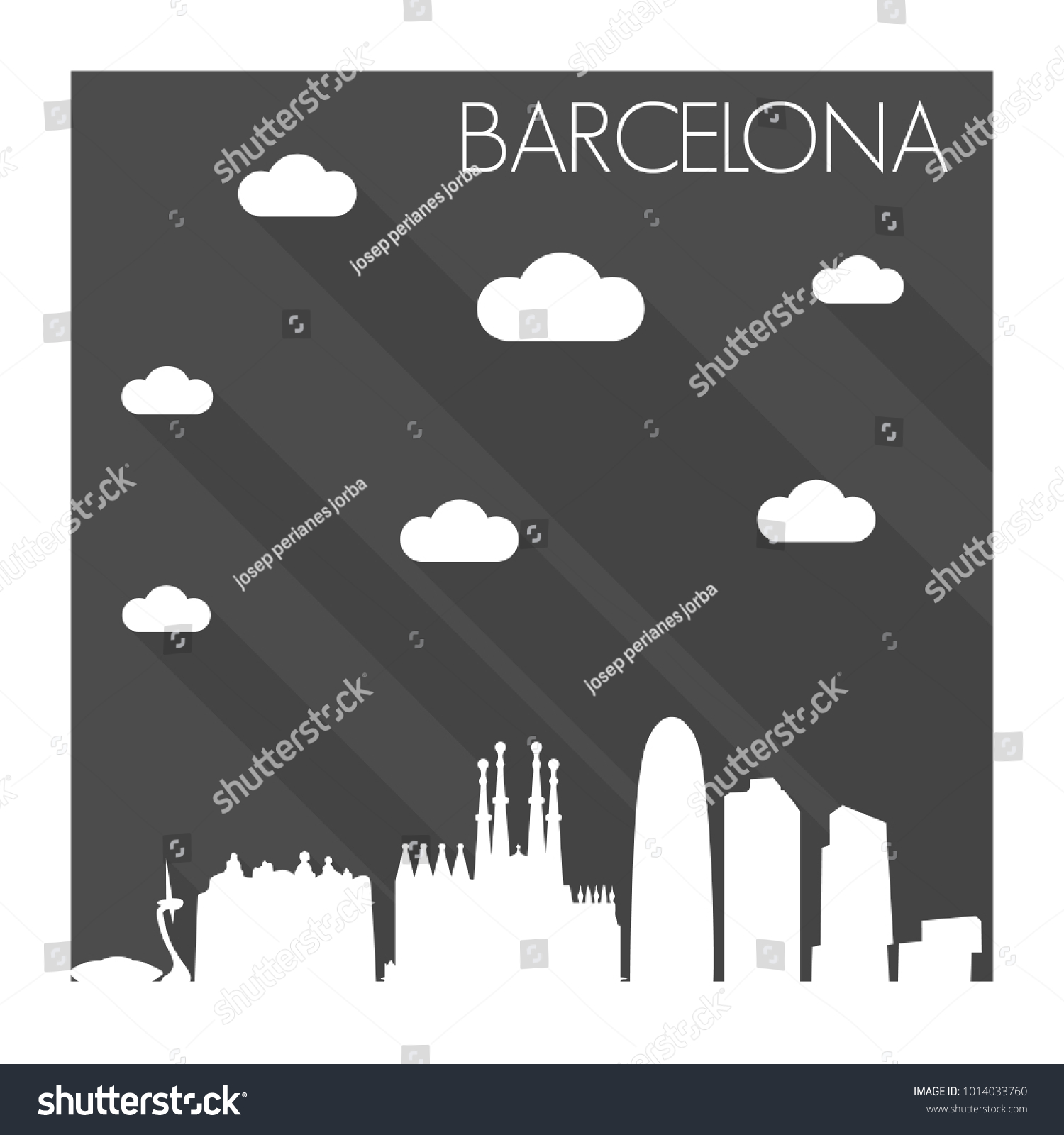 SVG of Barcelona Catalonia Spain Europe Flat Icon Skyline Silhouette Design City Vector Art Famous Buildings Monochrome Background Clouds Sky svg