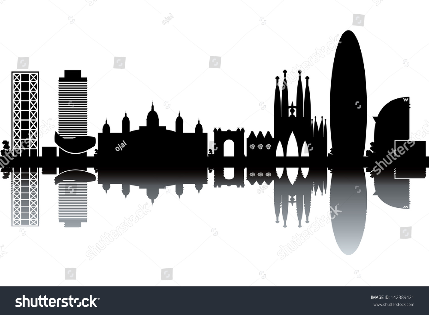 Barcelona Skyline - Black And White Vector Illustration - 142389421 ...