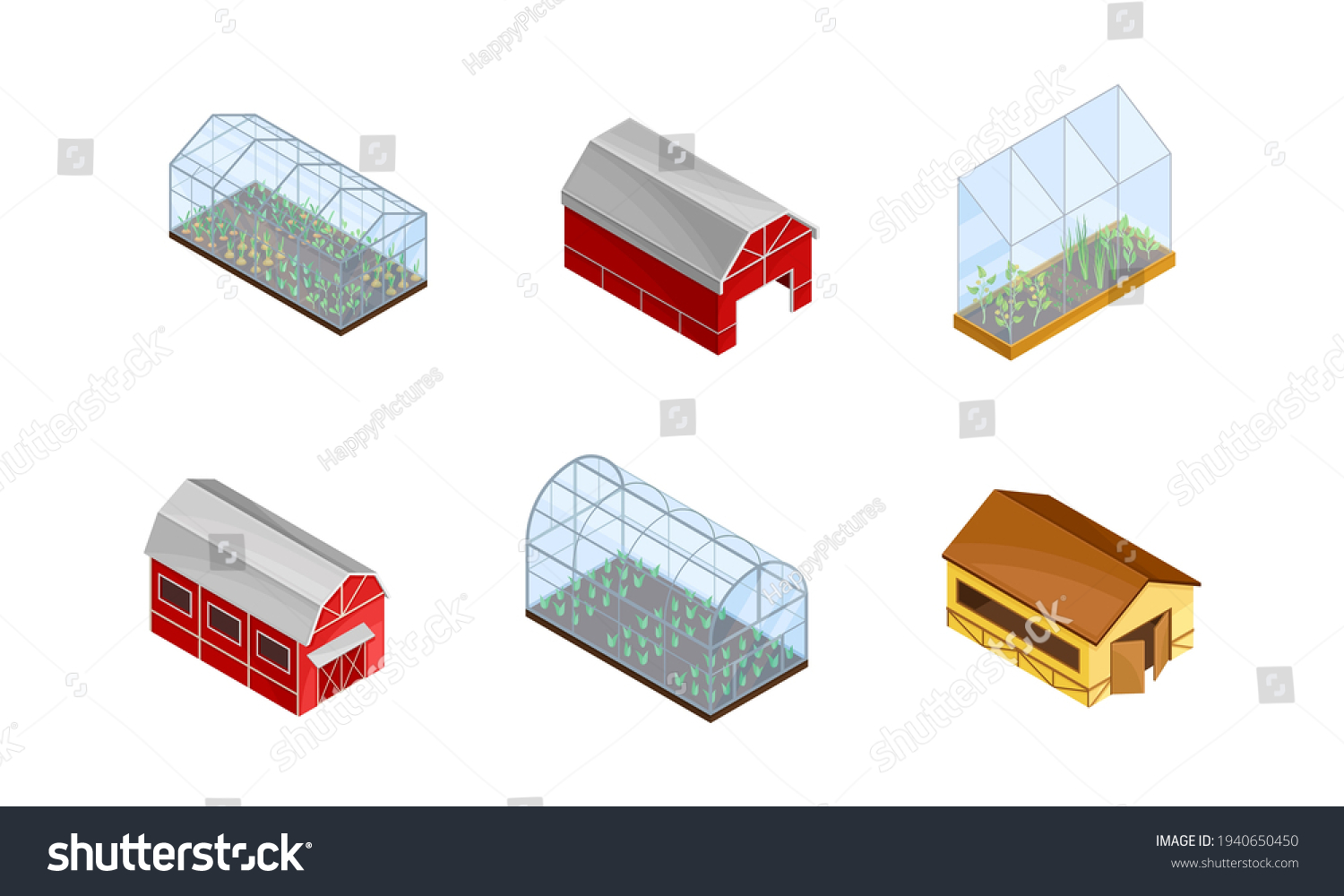 SVG of Barn House and Green House with Crops Growing as Agricultural and Farming Industry Vector Isometric Set svg