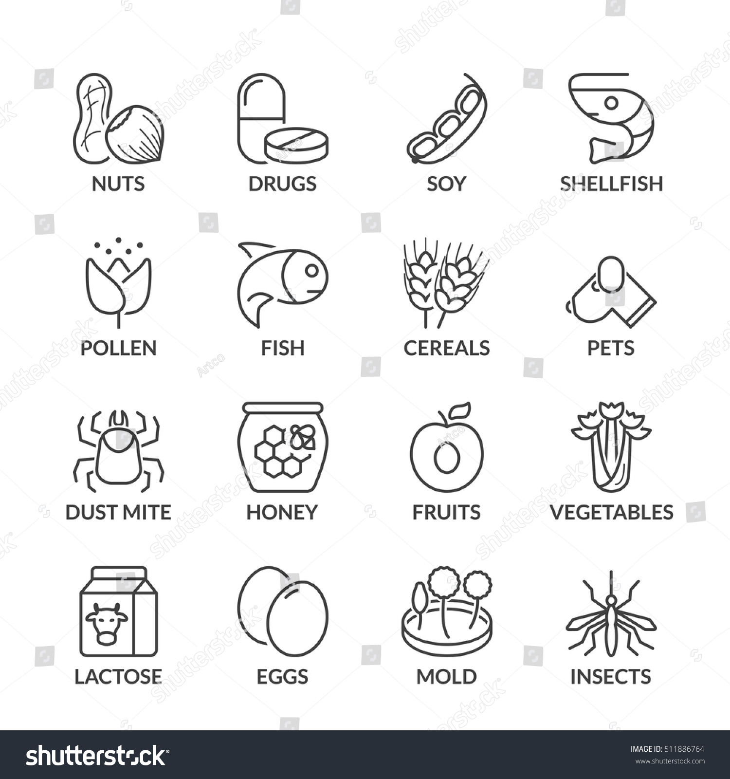 SVG of basic allergens thin line icons set. isolated. black color svg