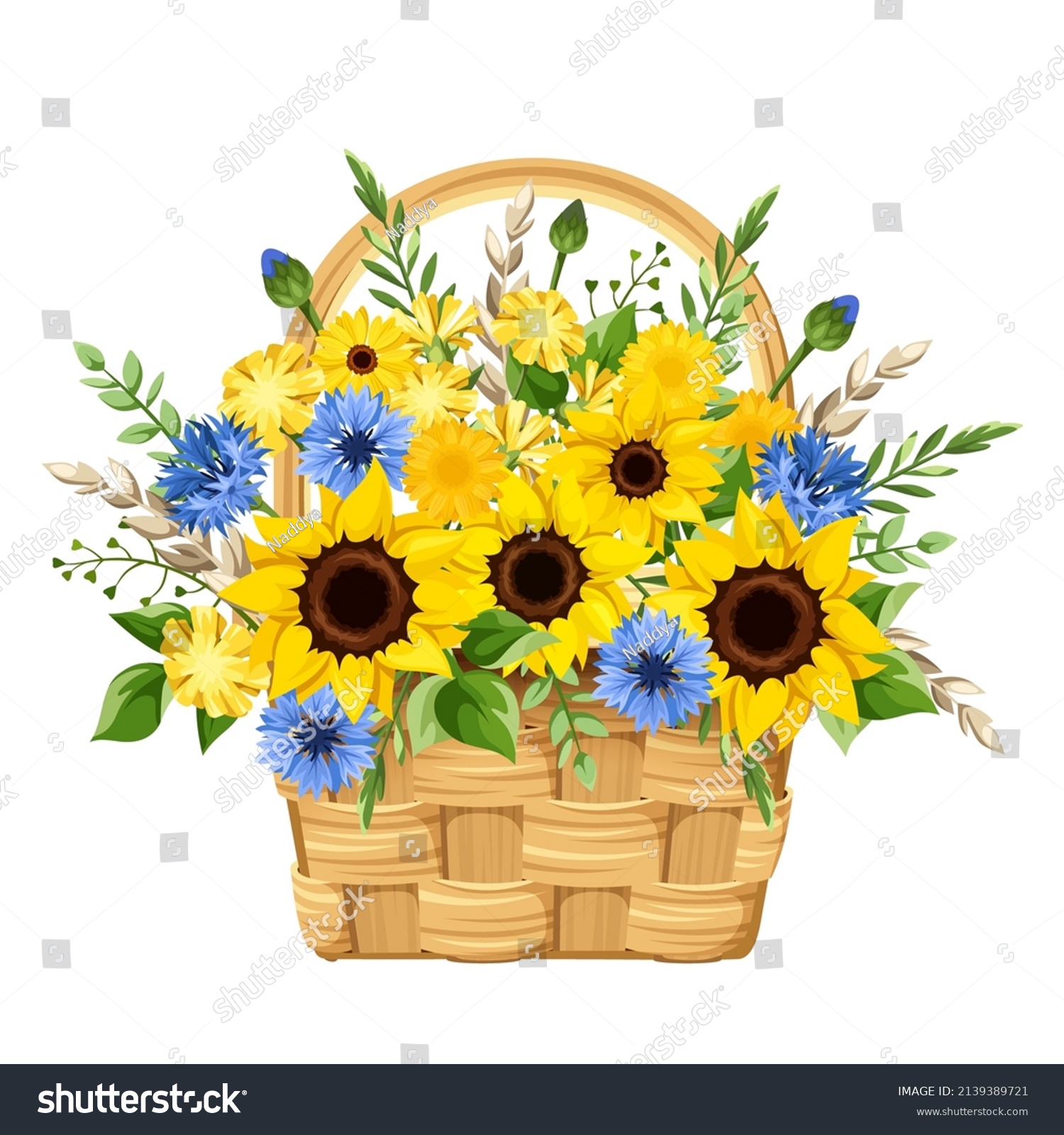 Basket Blue Yellow Sunflowers Dandelion Flowers Stock Vector Royalty Free 2139389721 9918