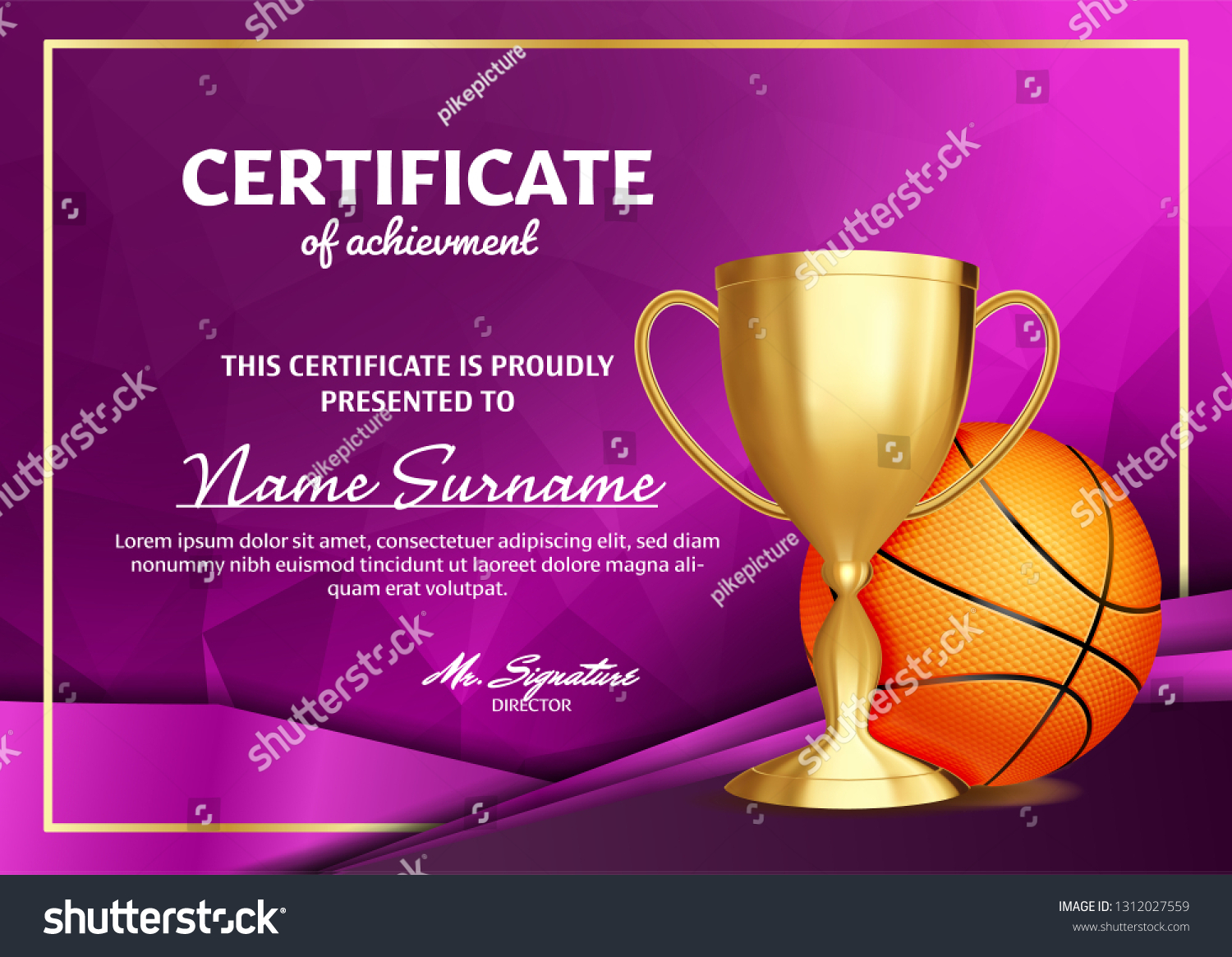 Basketball Certificate Diploma Golden Cup Vector Stock Vector (Royalty ...