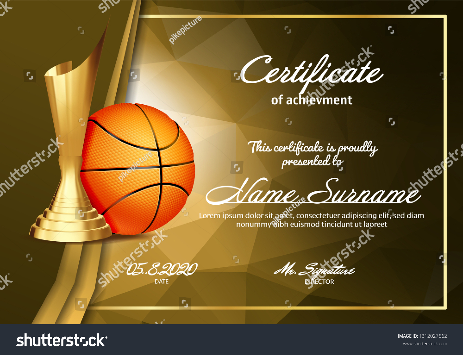 Basketball Certificate Diploma Golden Cup Vector Stock Vector (Royalty ...