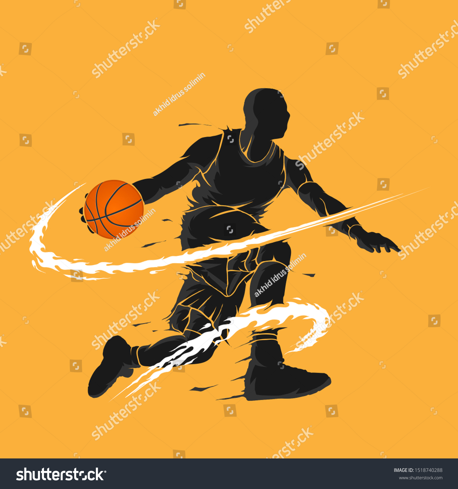バスケットボールのドリブルの暗い炎のシルエット のベクター画像素材 ロイヤリティフリー 1518740288
