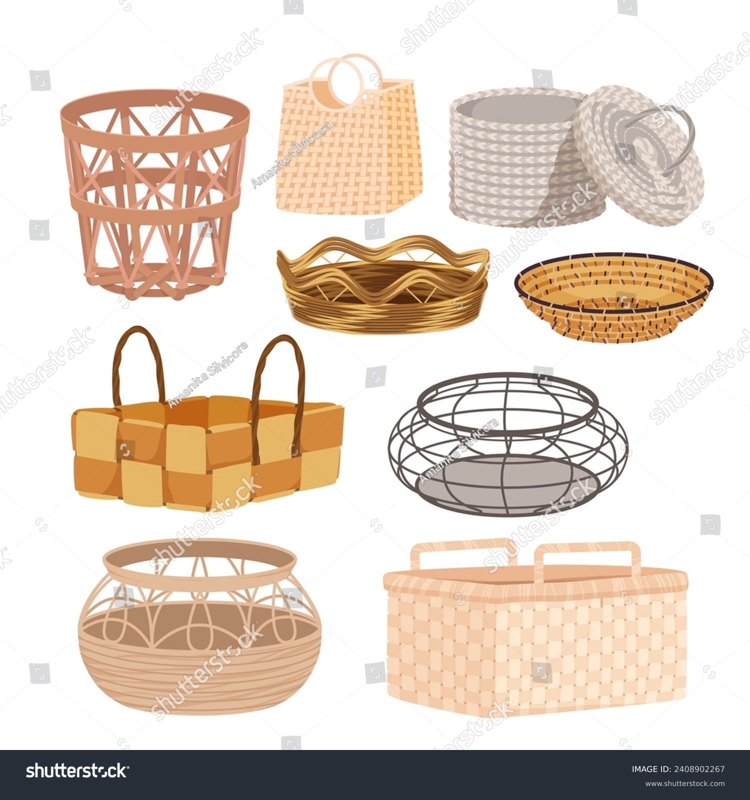 SVG of Baskets set vector illustration. Cartoon isolated round and square baskets with lid and handles, empty wicker bin for furniture, laundry and storage, rattan and fabric, bamboo and wooden hampers svg