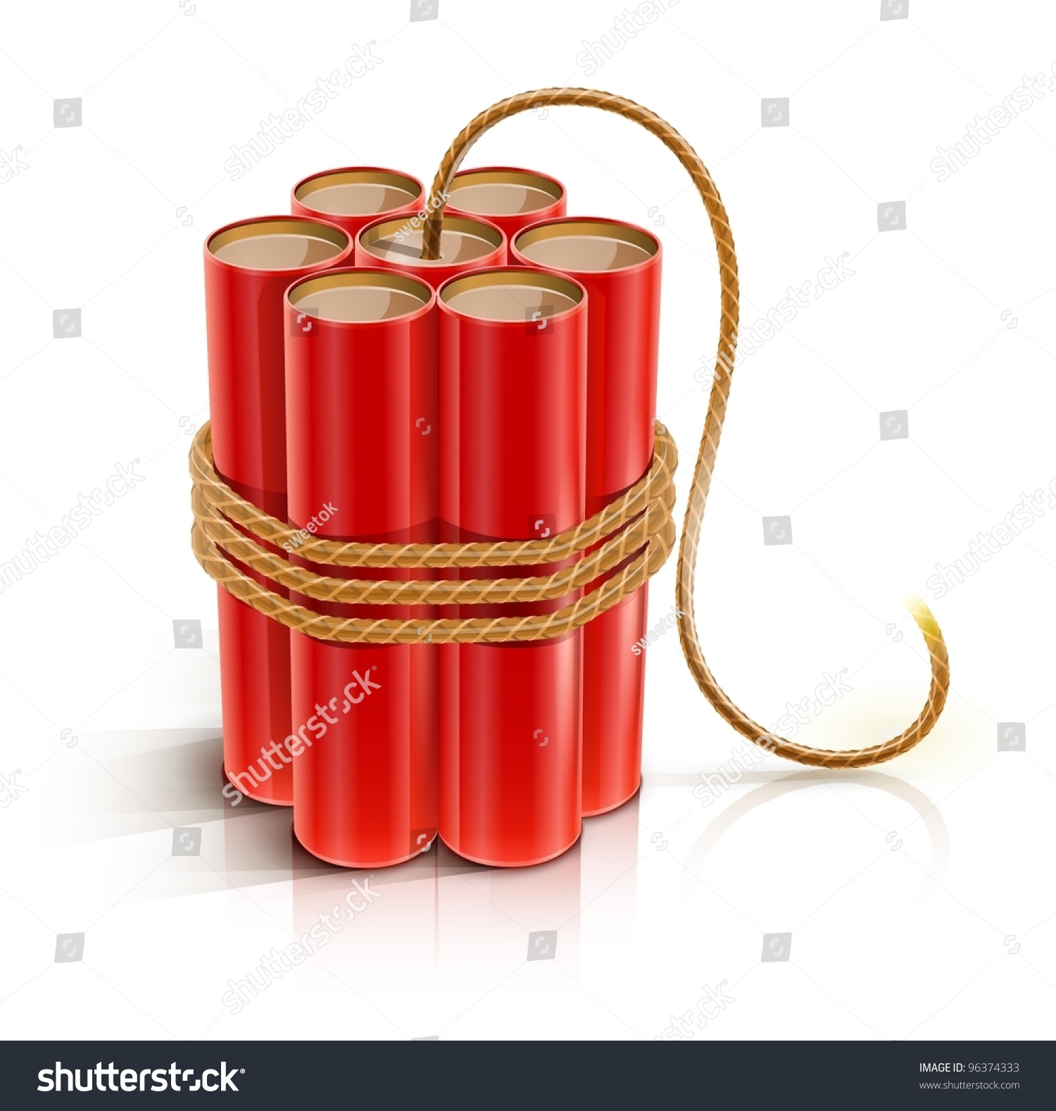 batch of dynamite sticks with burning bickford fuse vector illustration isolated on white background EPS10.