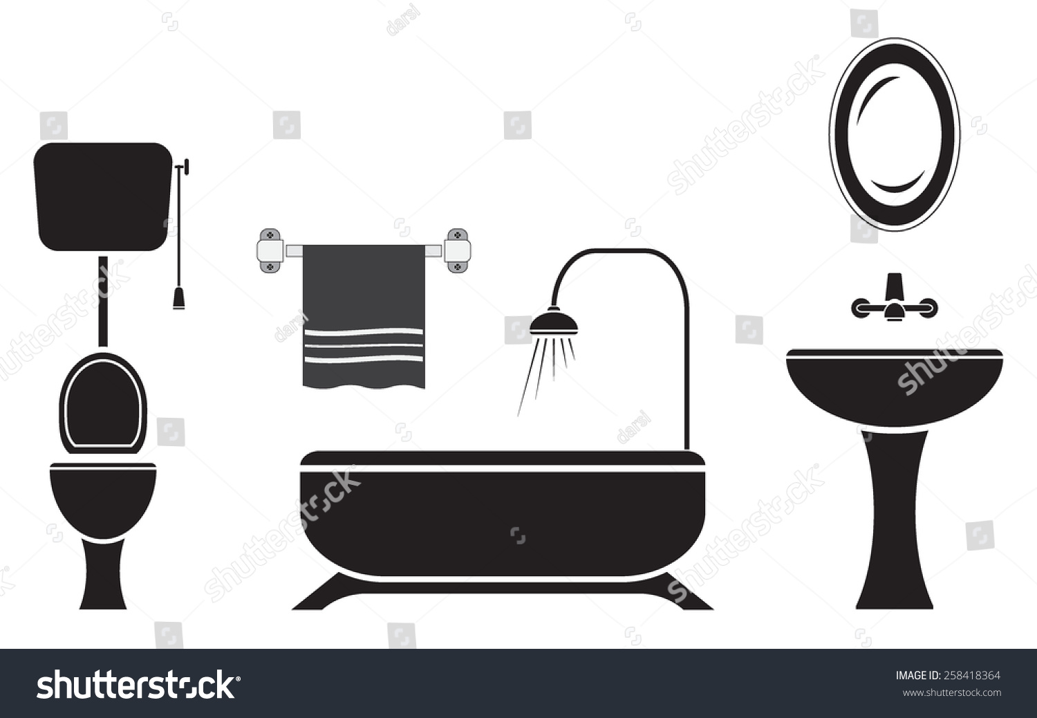 Bathroom And Toilet Icons Set, Black Isolated On White Background ...