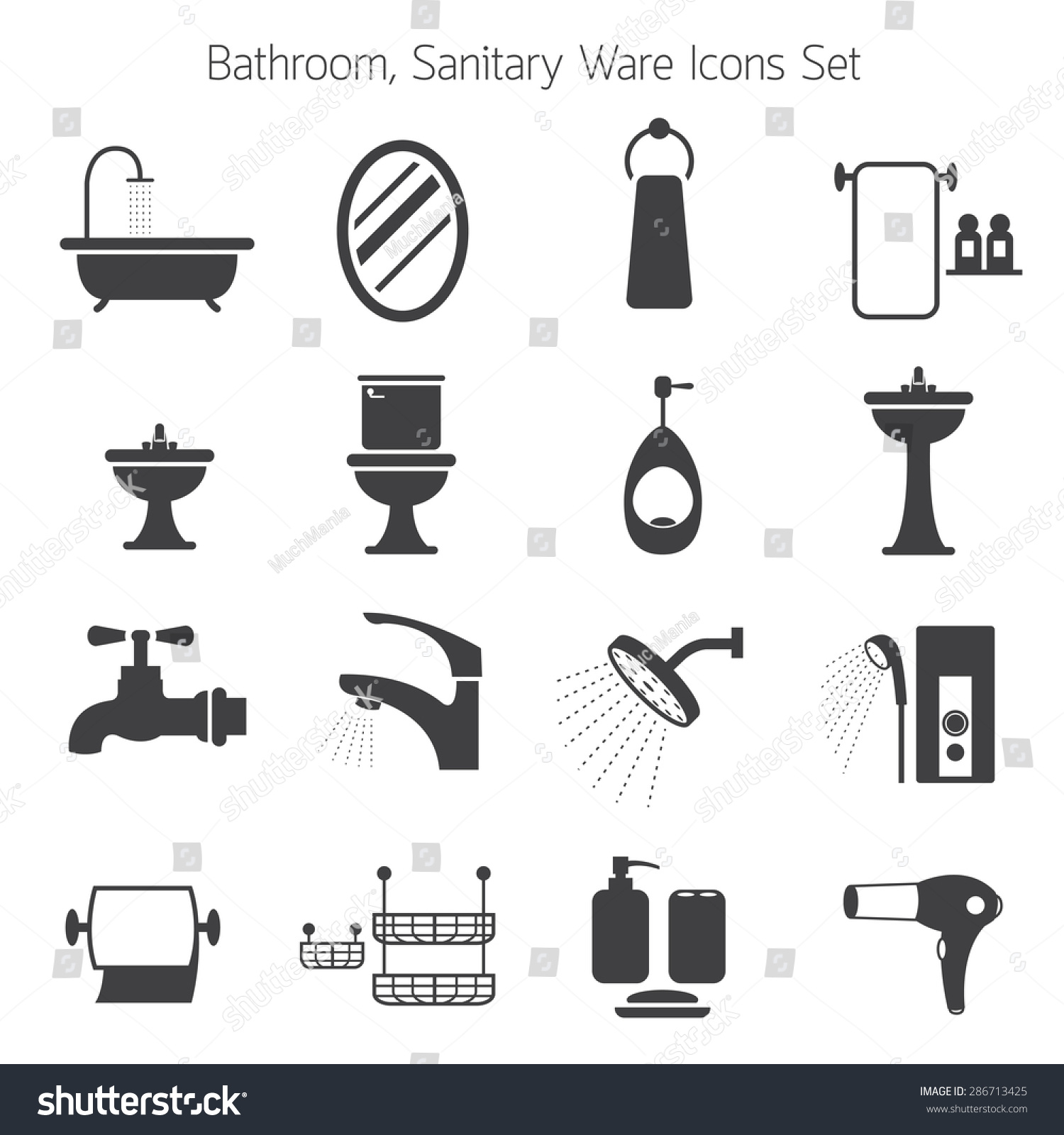 Bathroom Mono Icons Set, Toilet, Sanitary Ware Objects Stock Vector ...