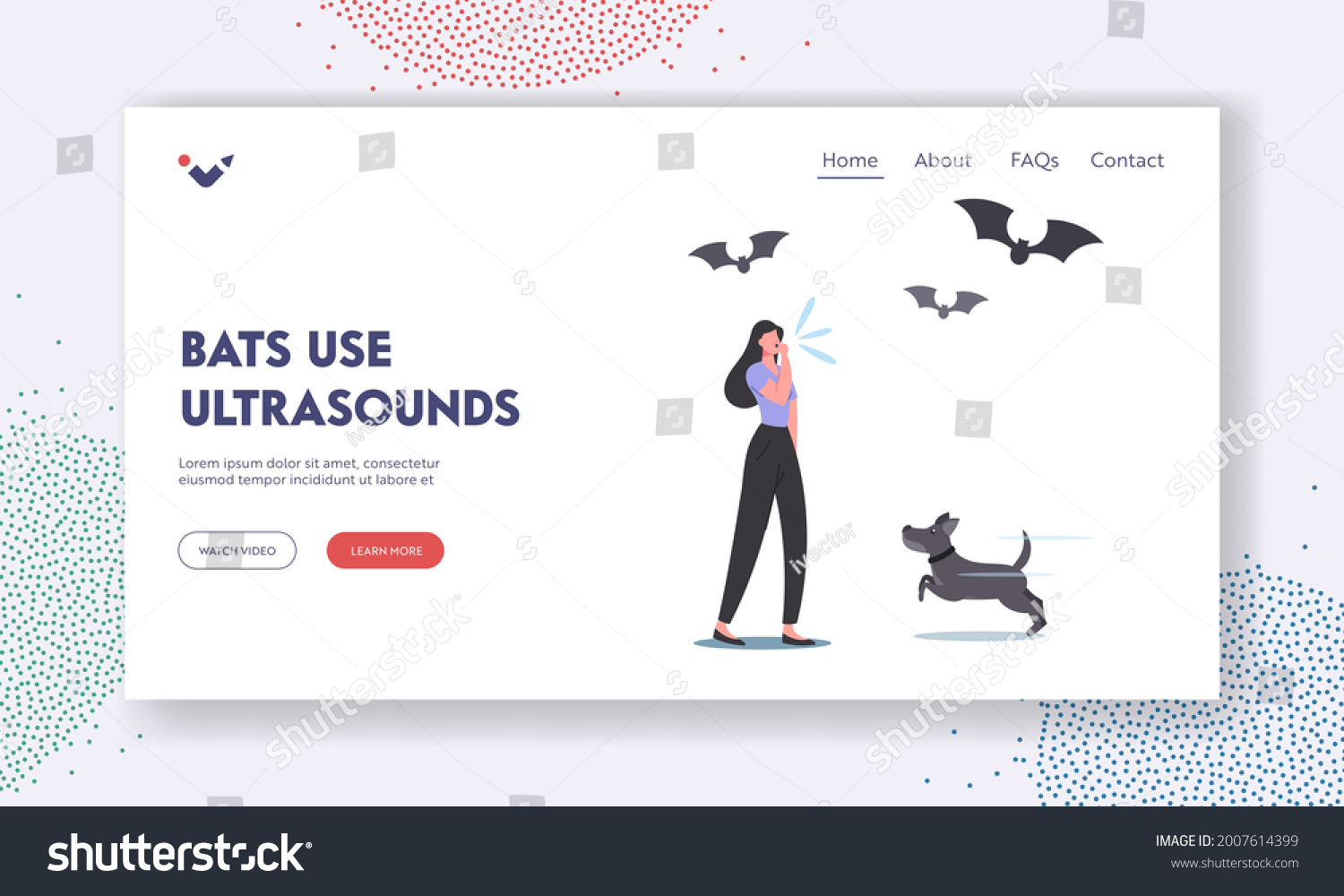 SVG of Bats Use Ultrasound Landing Page Template. Female Character Whistle Call Dog during Outdoor Walk or Training, Bats and Doggy Listen Ultra Sound Frequency Waves. Cartoon People Vector Illustration svg