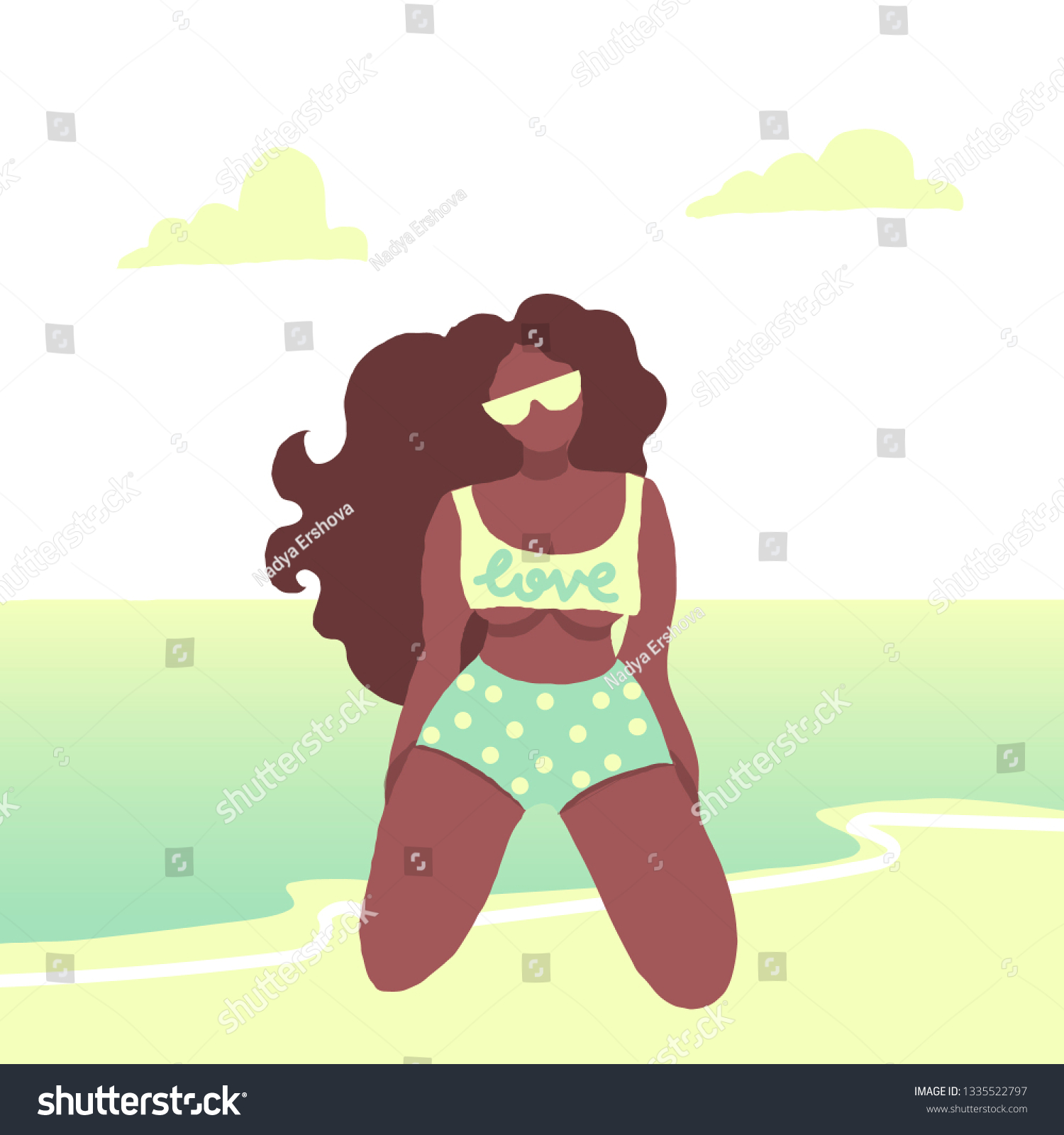 SVG of Bay girl. Vector illustration with black skin girl. Colorful bikini. Vector design. Flat illustration. Beautiful beach background. svg