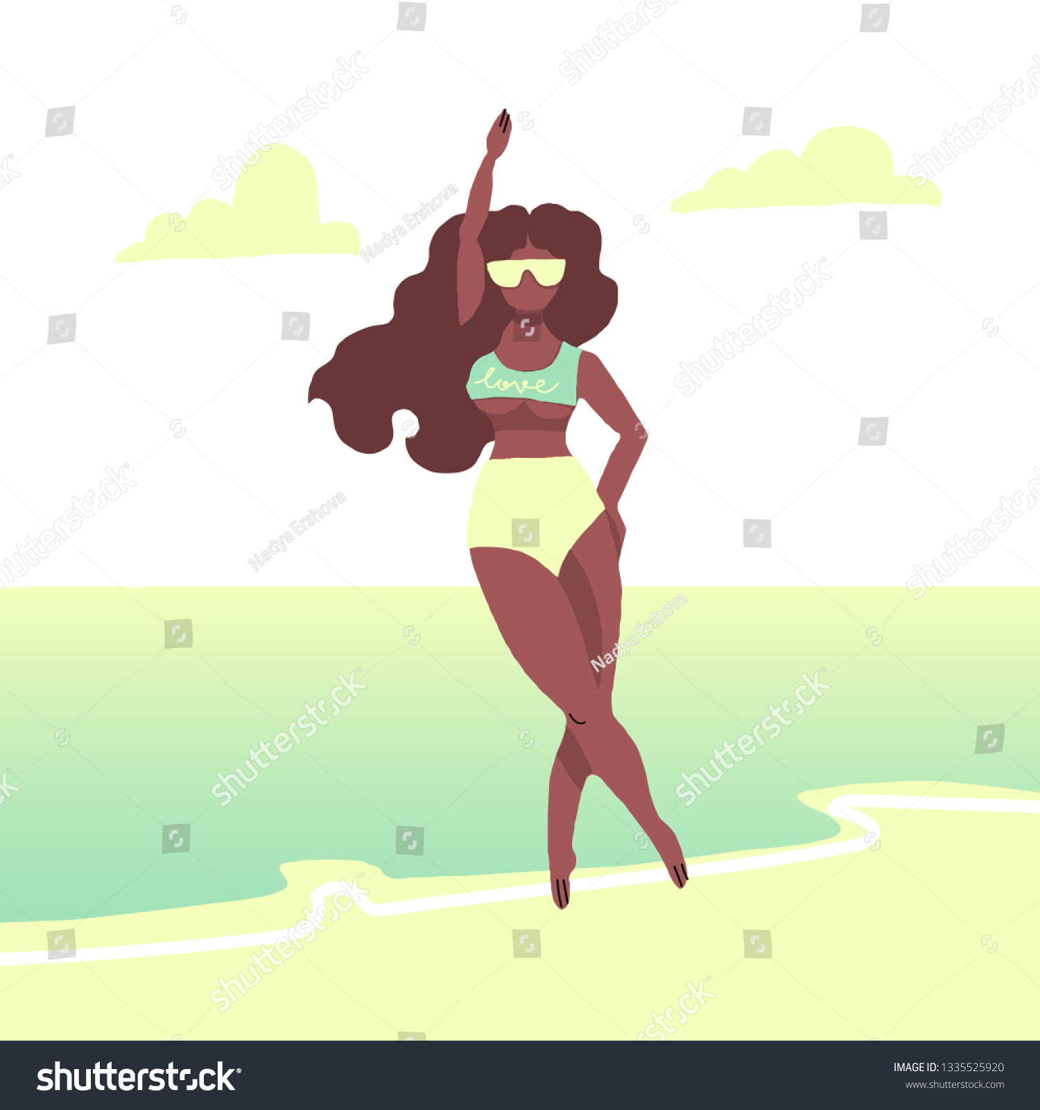 SVG of Bay girl. Vector illustration with black skin girl. Colorful bikini. Vector design. Flat illustration. Beautiful beach background. svg