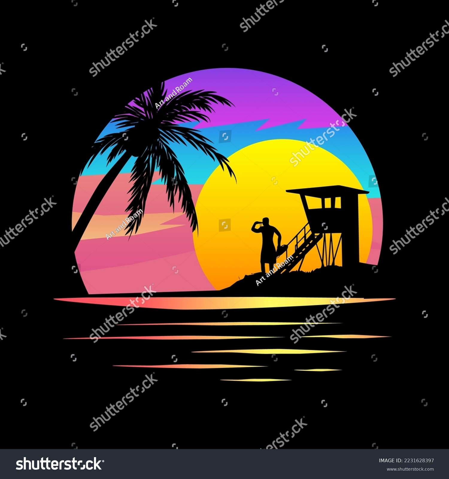 SVG of Baywatch  Apparel Graphic. Sunset on Tropical island. Vector graphic, black silhouette on vivid, colourful background. Palm trees, life guard and beach. Tshirt print ready graphic. svg