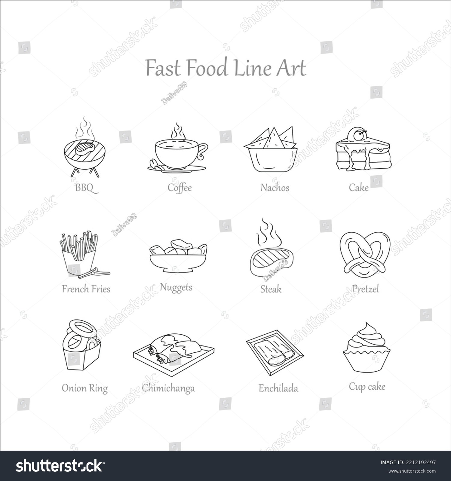 SVG of BBQ, Coffee, Nachos, Cake, French Fries, Nuggets, Steak, Pretzel, Onion Ring, Chimichanga, Enchilada, Cup cake delicious fast food and meal vector outline icon set with name tag svg