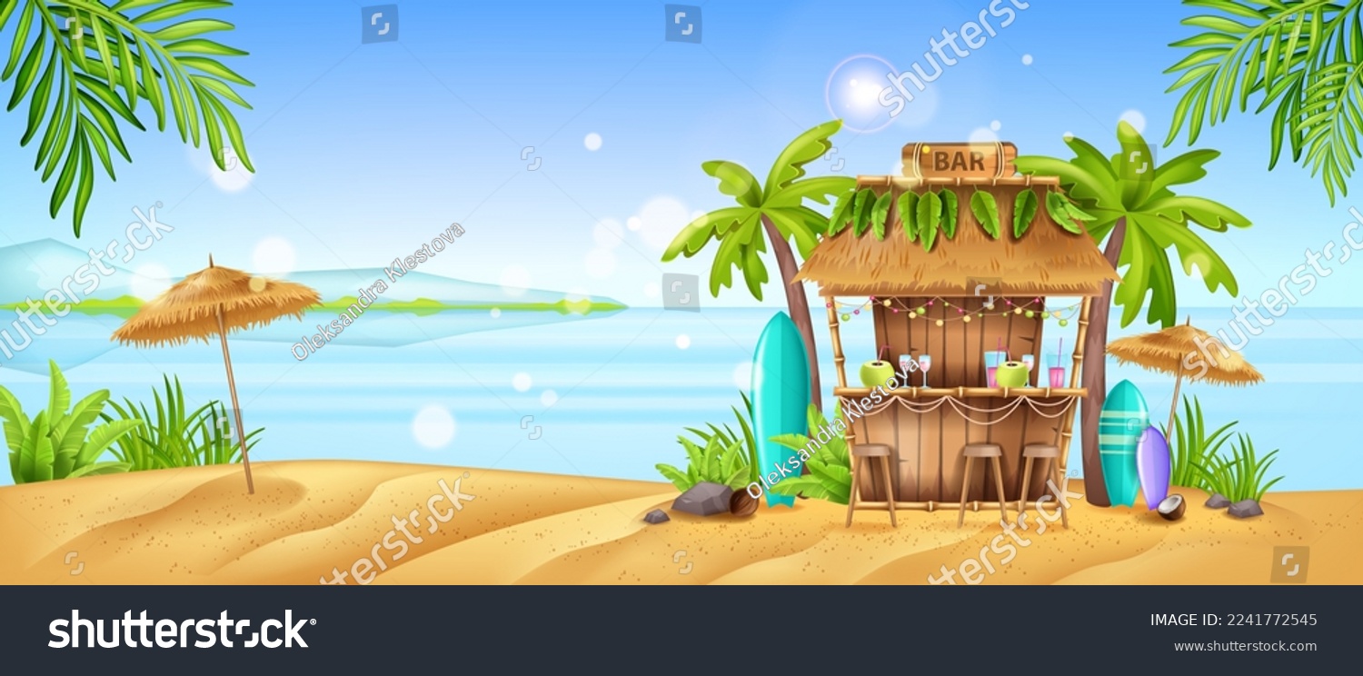 SVG of Beach bar tropical background, summer Hawaii terrace restaurant, vector exotic vacation island cafe. Bamboo cocktail hut, ocean resort palm trees, surfboard, umbrella. Beach bar seashore landscape svg