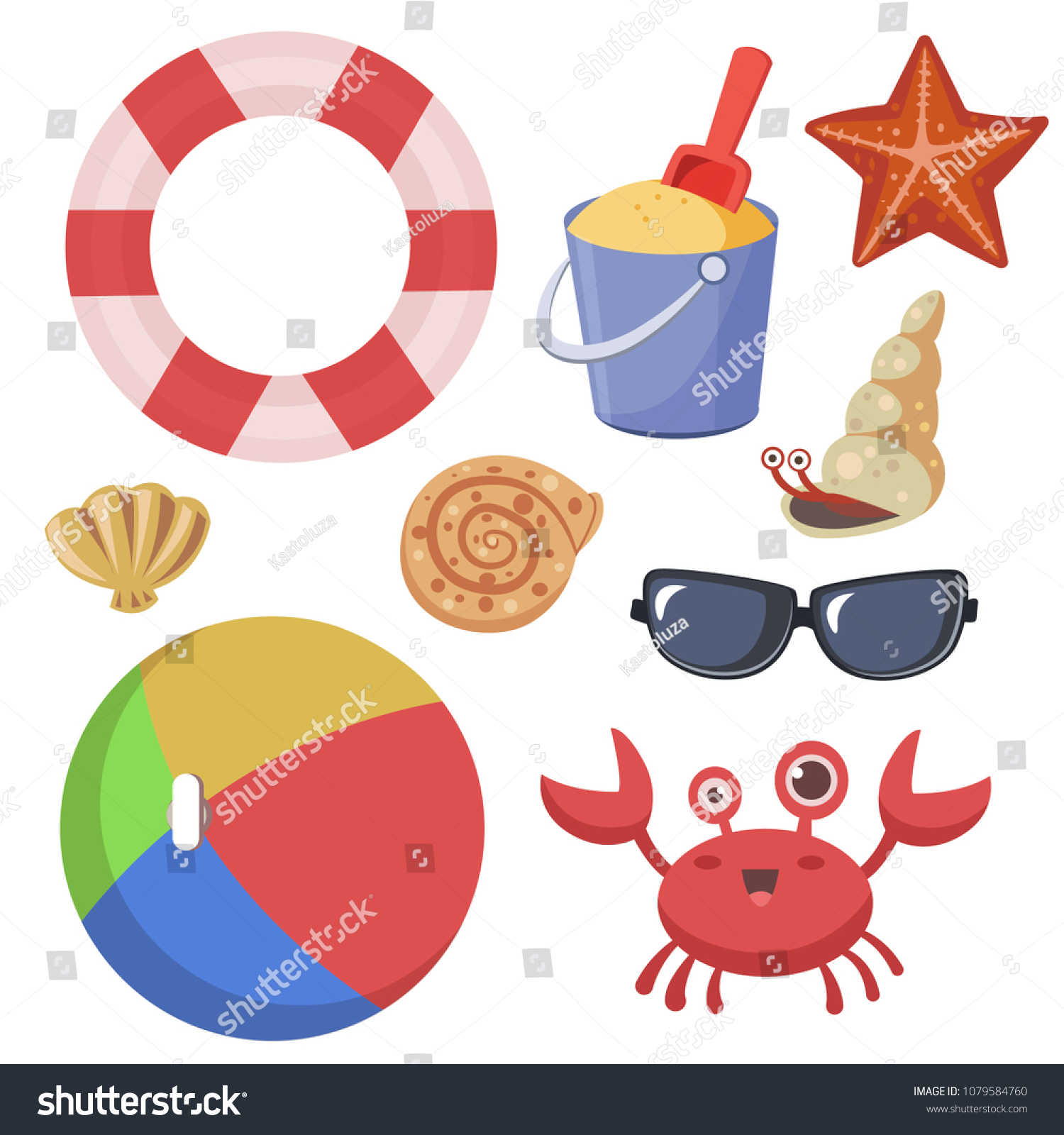 SVG of beach items set. life ring, seashells, crab, sand bucket, sunglasses, beach ball, starfish. vector illustration on white background. svg