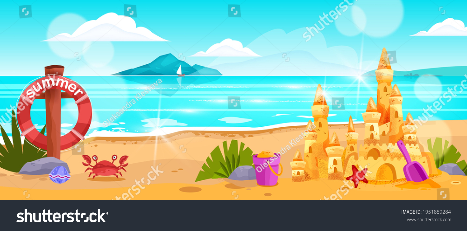 SVG of Beach landscape, vector summer ocean horizontal view, surf, crab, sand castle, lifebuoy, rocks, clouds. Tropical paradise vacation background, sea, water, sun flares, towers. Idyllic beach landscape svg