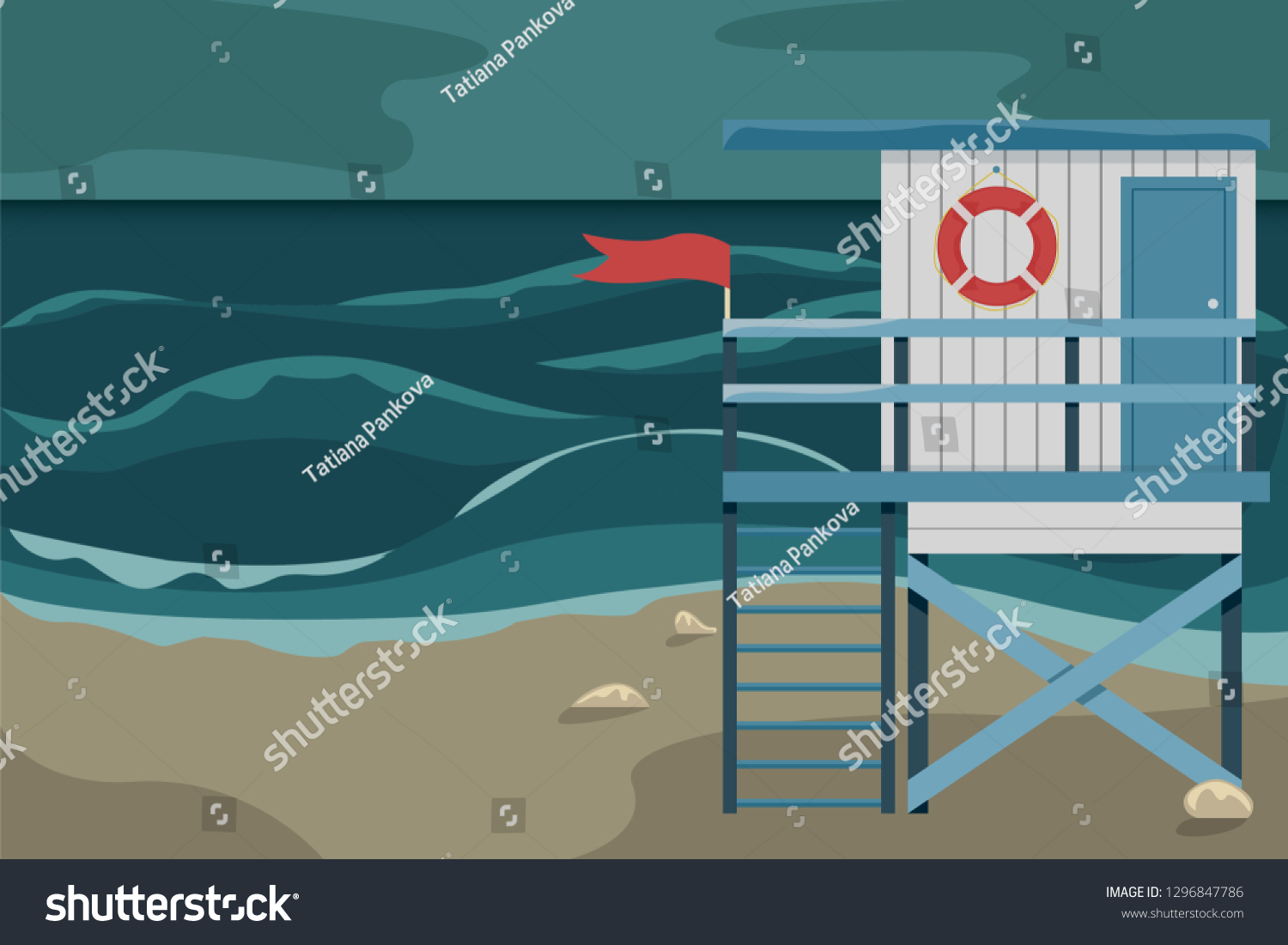 SVG of Beach landscape with a lifeguard house during a storm. Flat vector illustration. svg