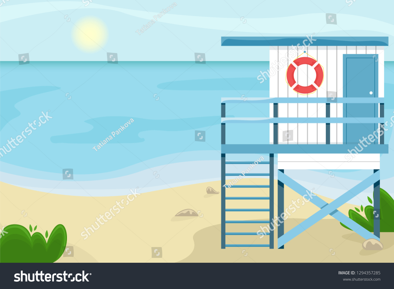 SVG of Beach landscape with a lifeguard house. Flat vector illustration. svg