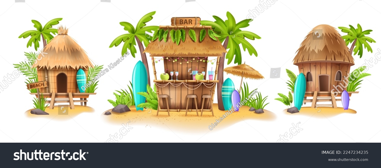 SVG of Beach shack house, Hawaiian bamboo hut bar surfboard, vector surfing bungalow, tropical plants. Summer cartoon island building, exotic vacation camping straw roof. Beach shack seashore sand clipart svg