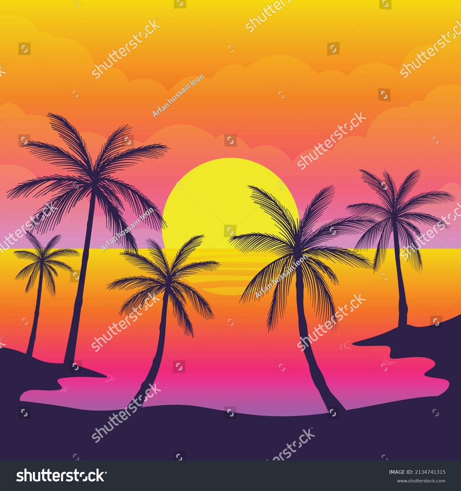 Beach Sunset Palm Tree Silhouette Landscape Stock Vector (Royalty Free ...