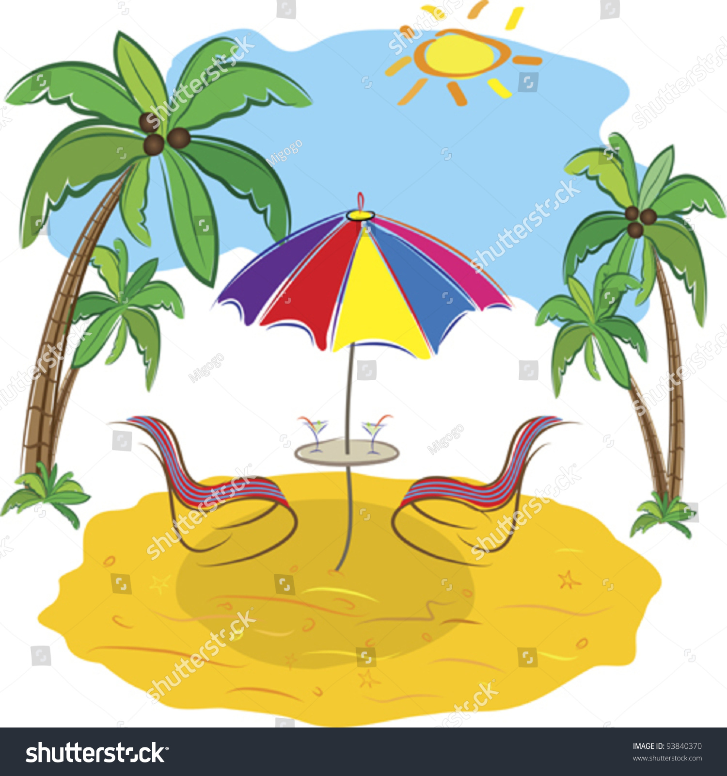 Beach With Palm Trees, Chair,Umbrella And A Cocktail. Art Illustration ...