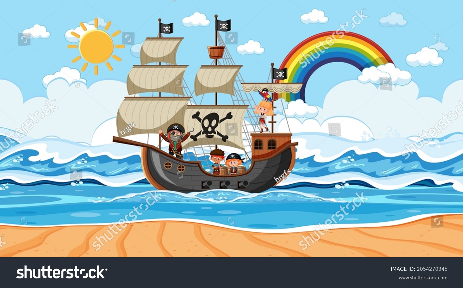 Beach Pirate Ship Daytime Scene Cartoon Stock Vector (Royalty Free ...