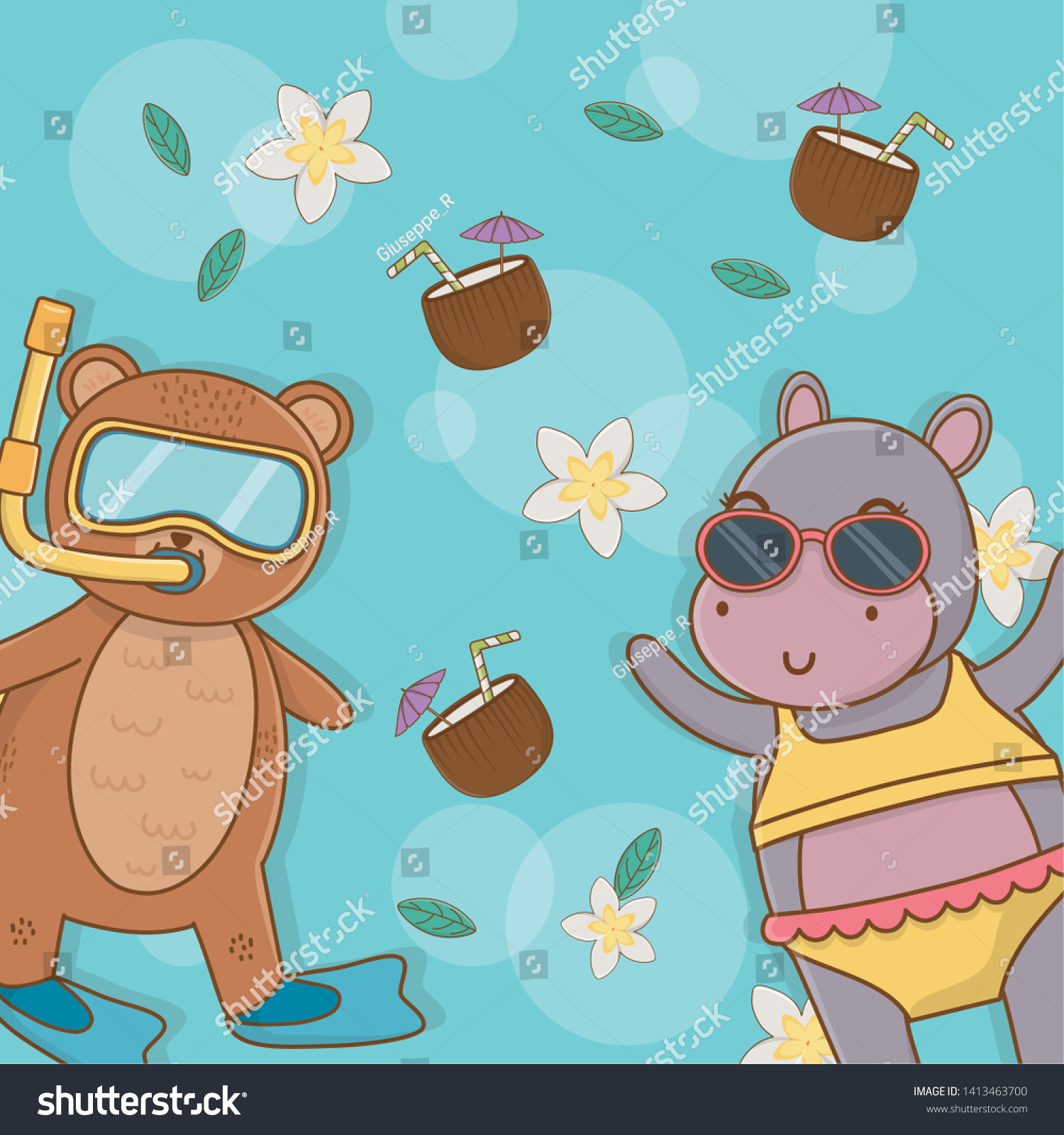 Bear Hippo Cartoon Summer Season Design Stock Vector Royalty Free 1413463700
