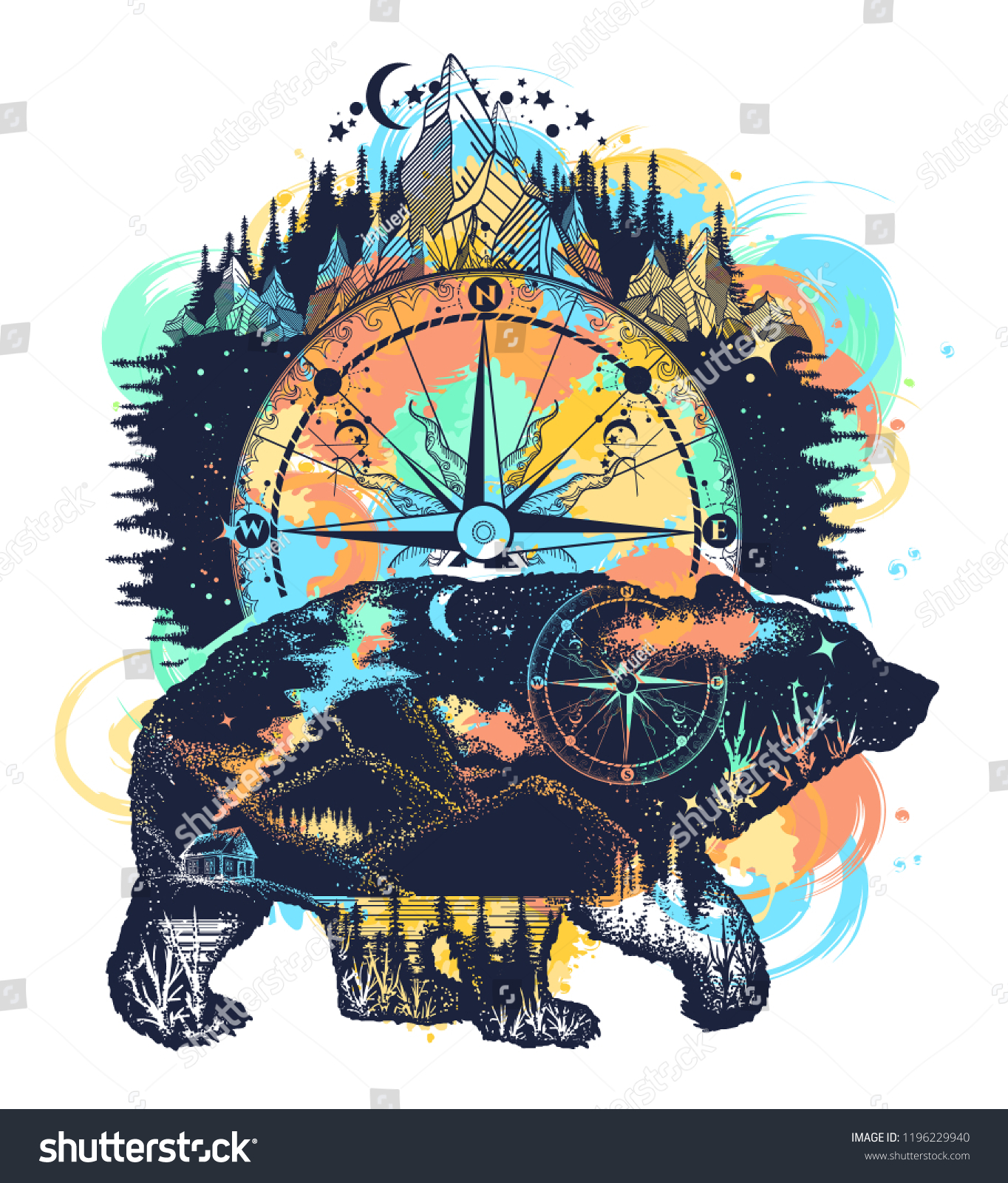 Bear Mountains Tattoo Watercolor Splashes Style Stock Vector