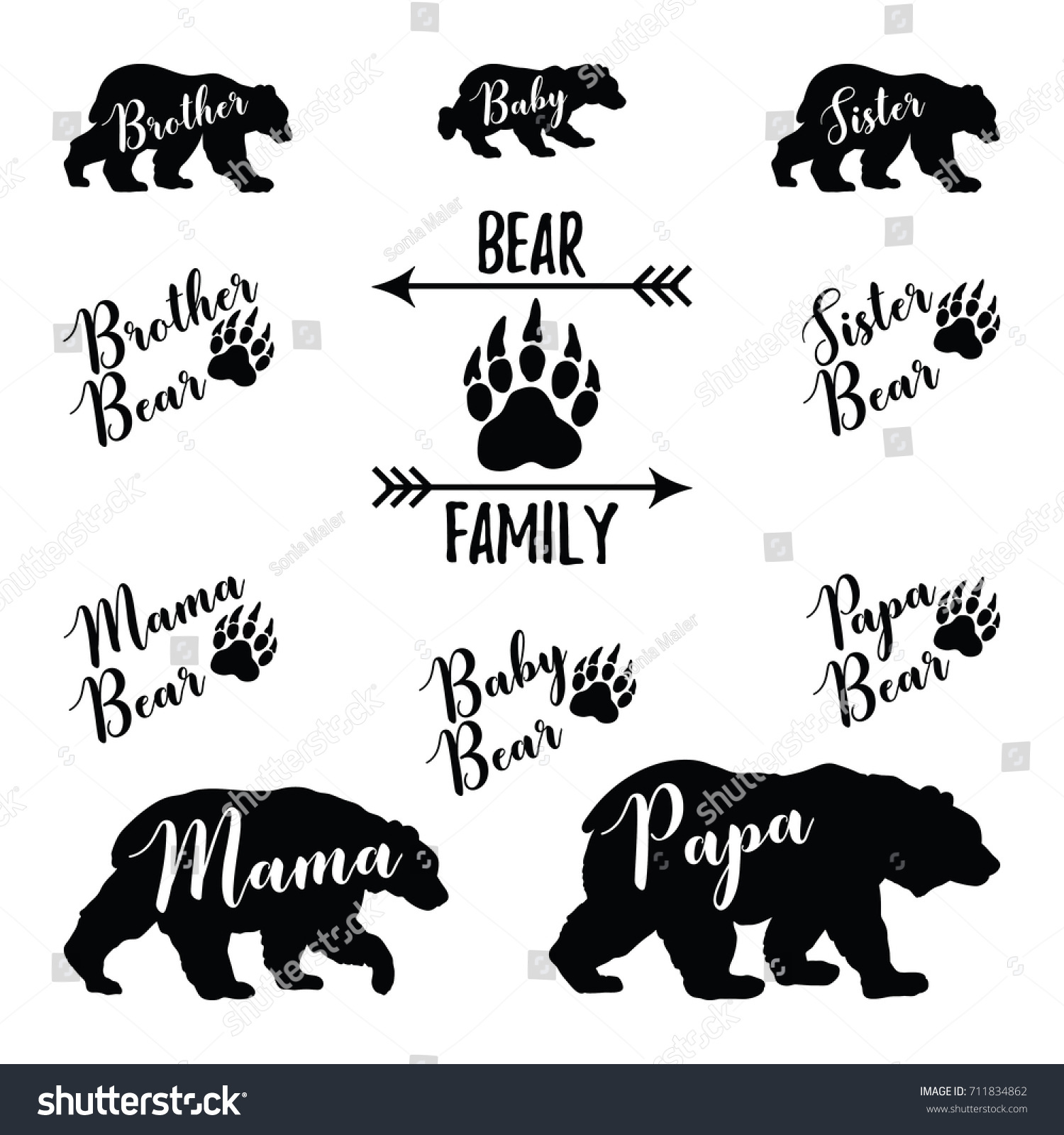 SVG of Bear Family bundle set.Papa,Mama,Baby,Brother,Sister bear lettering with paw and arrow. svg