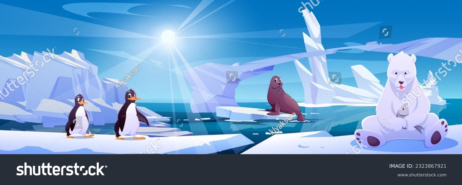 SVG of Bear on iceberg near penguin and seal arctic landscape. Frozen ice in winter with animal background. Cold icy ocean water near frost mountain fantasy game scene cartoon illustration of sunny day. svg
