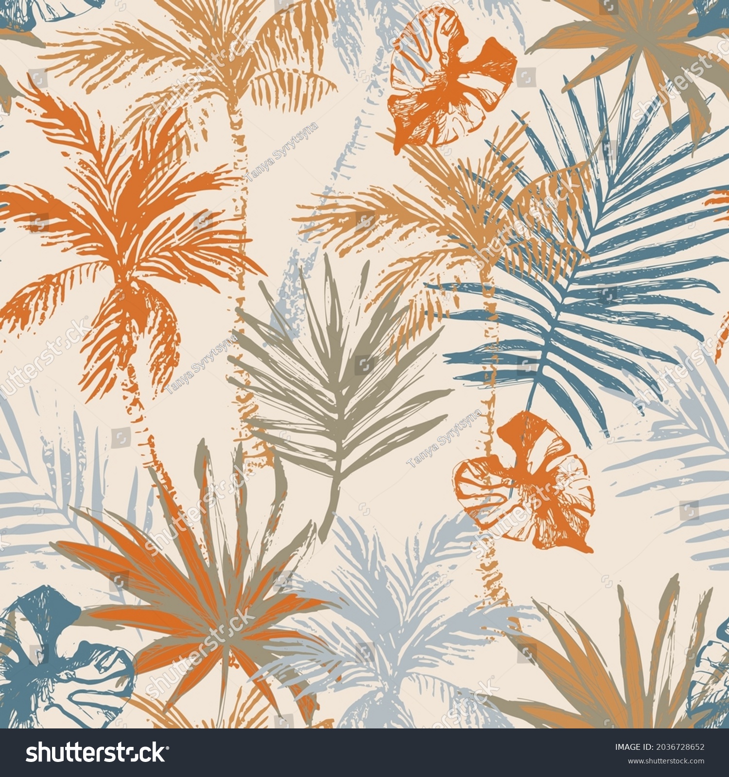 SVG of Beautiful abstract tropics seamless pattern. Grunge palm trees, tropical leaves on beige background. Exotic beach island and ocean concept for summer wallpaper design in vector hand drawn style. svg