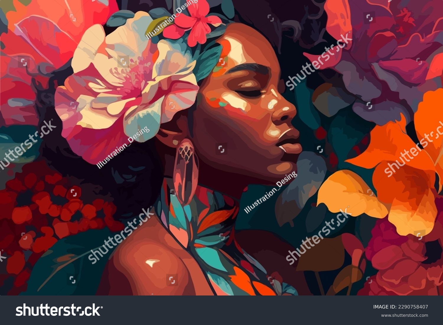 SVG of Beautiful African woman in flowers. Vector illustration desing. svg