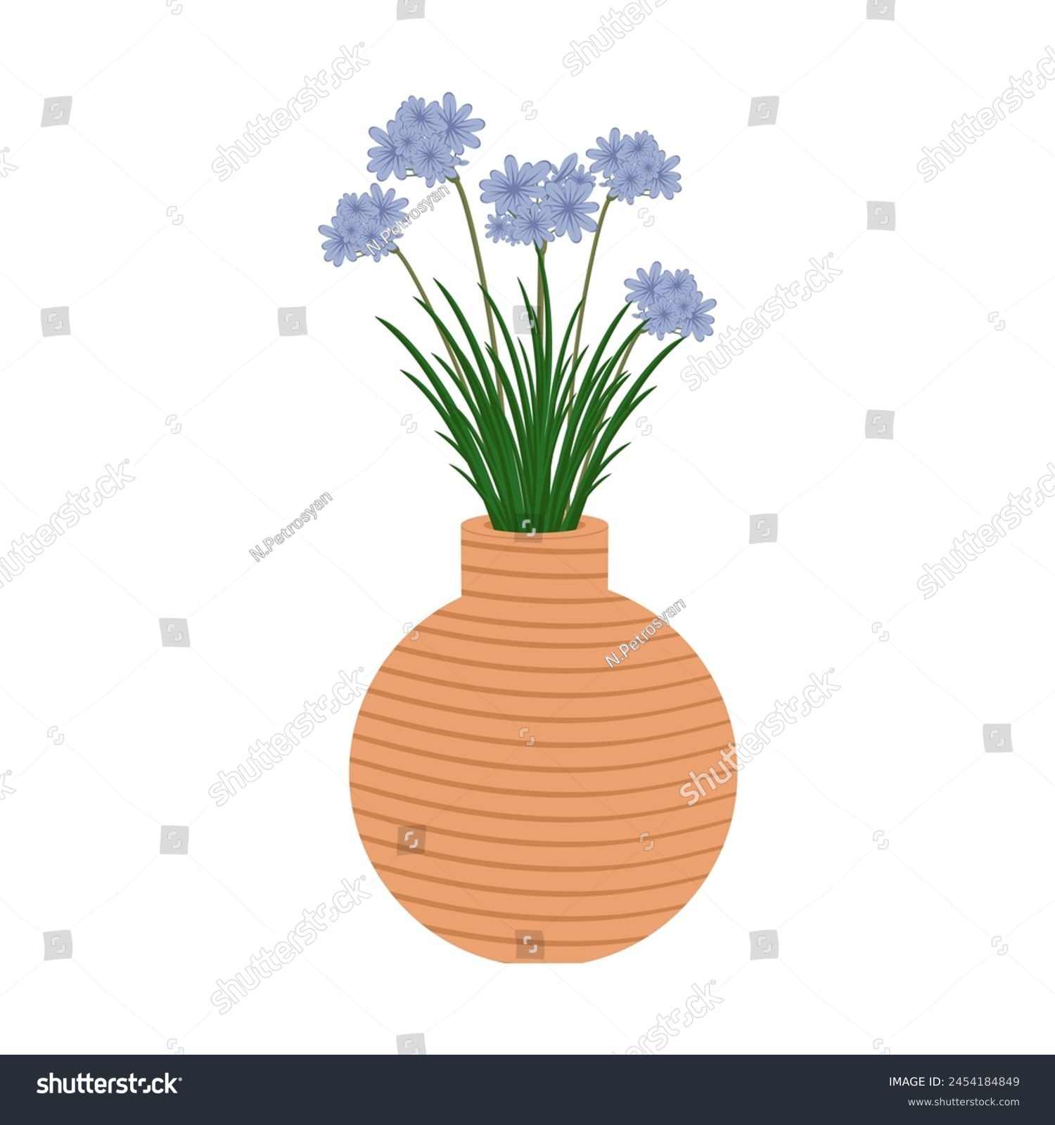 SVG of Beautiful bouquet with agapanthus flowers and branches in ceramic vase. Flat illustration of blooming flowers with leaves and stem isolated on white background. Blossom African Lily. Vector svg