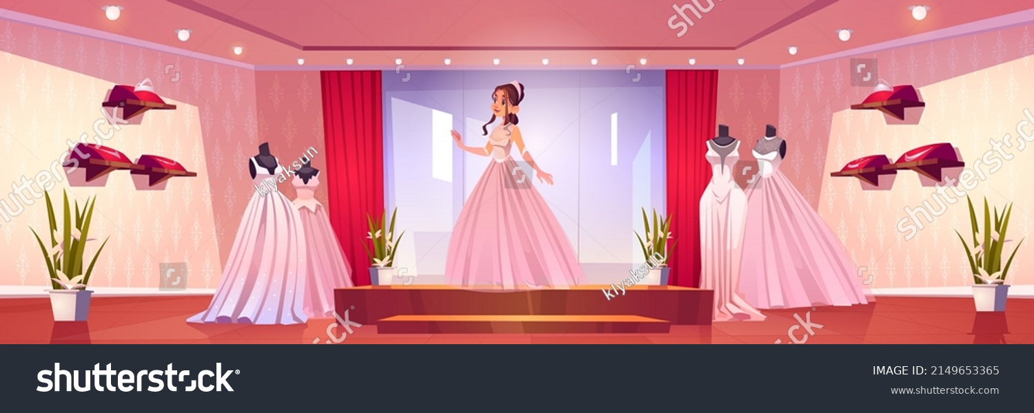 SVG of Beautiful bride fit on wedding dress in bridal shop. Young girl wear pink gown stand on podium at store with mannequins, jewelry, windows and lighting, boutique showroom Cartoon vector illustration svg
