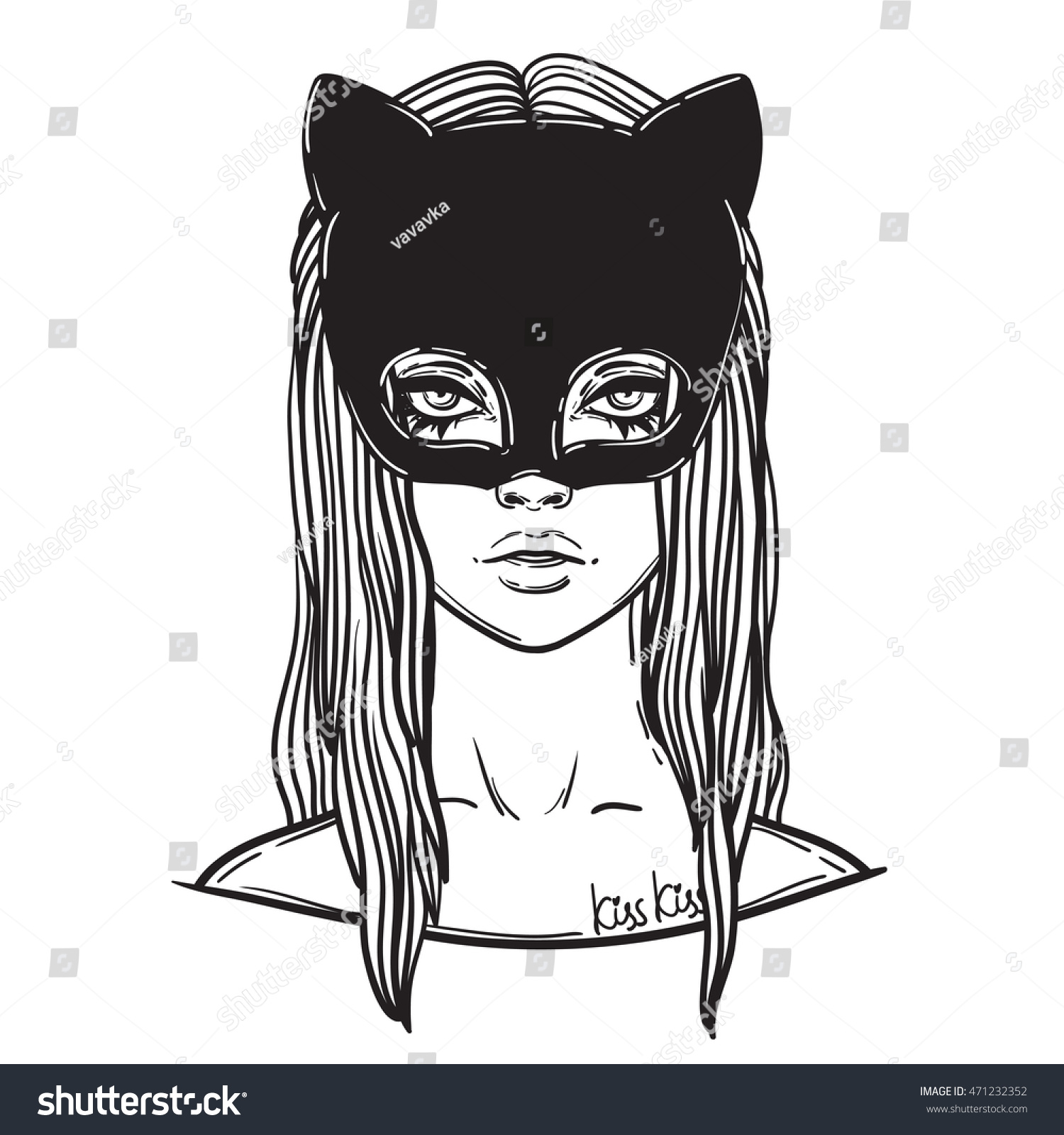 カーニバルの仮面をつけた美しい猫の女性 黒猫の仮面にゴシック色の女の子 線形イラスト 潜在イラスト のベクター画像素材 ロイヤリティフリー