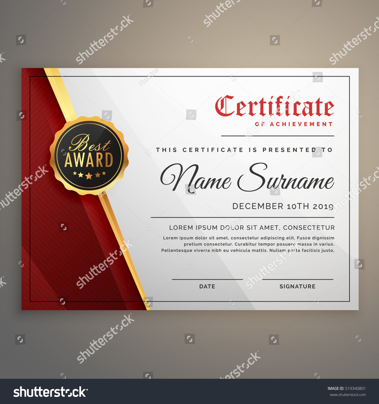 Beautiful Certificate Template Design Best Award Stock Vector In Love Certificate Templates