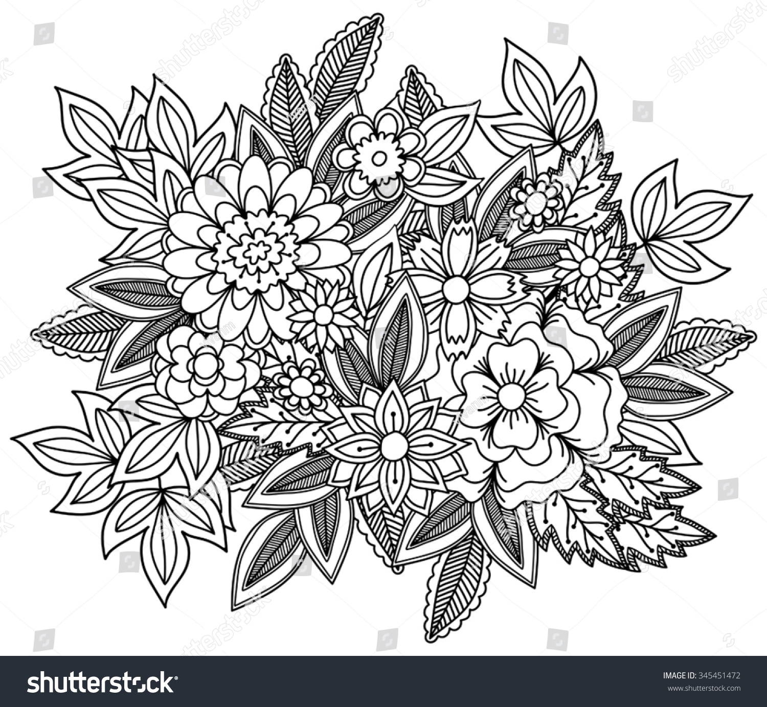 Doodle Floral Pattern In Black And White Page For Coloring Book