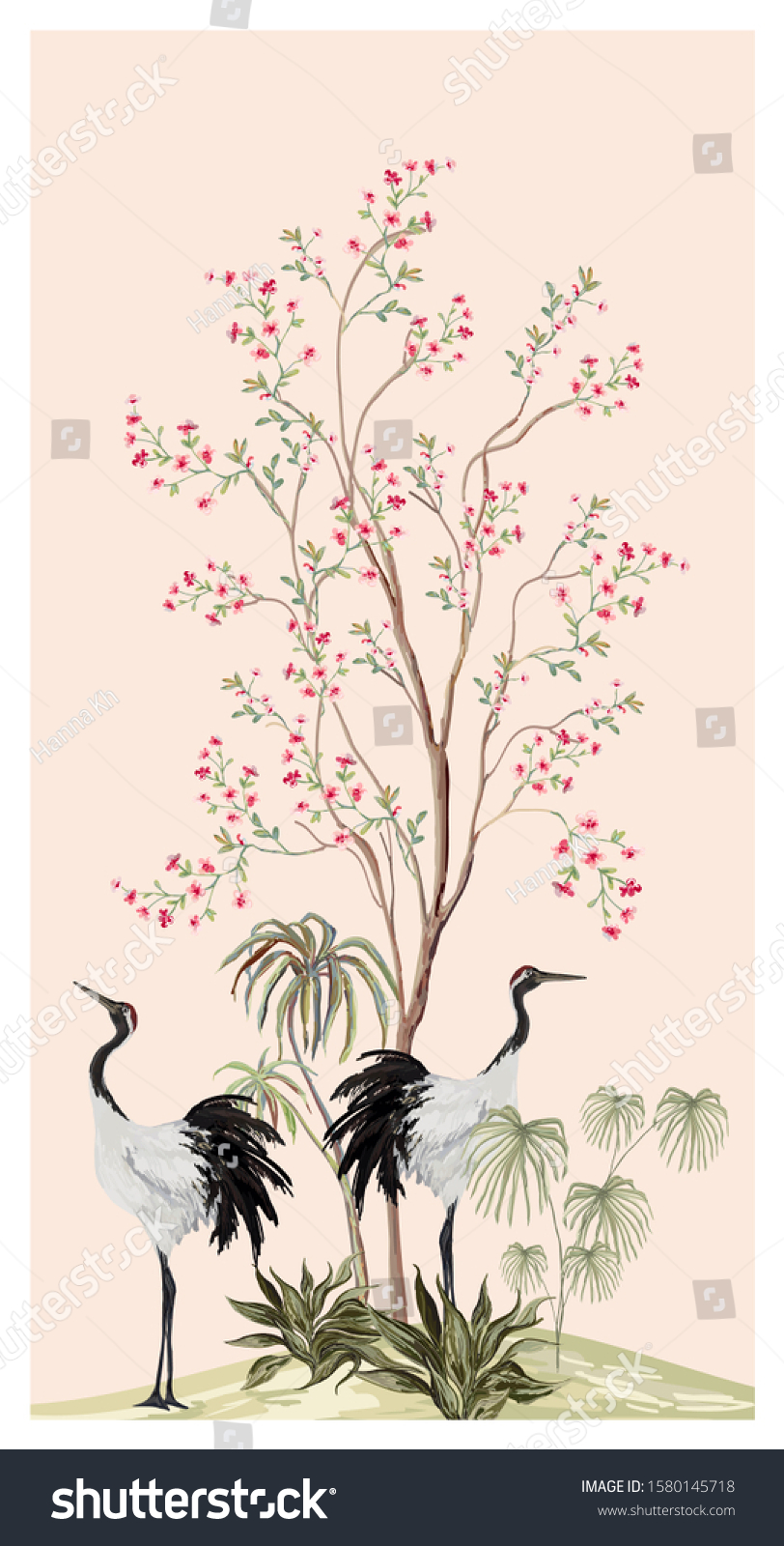 エキゾチックなチノセリーイラストの壁紙 手描きのビンテージ チャイナズラの木 桜の牡丹の花 サギの鳥 青の背景に花柄のスクリーン のベクター画像素材 ロイヤリティフリー