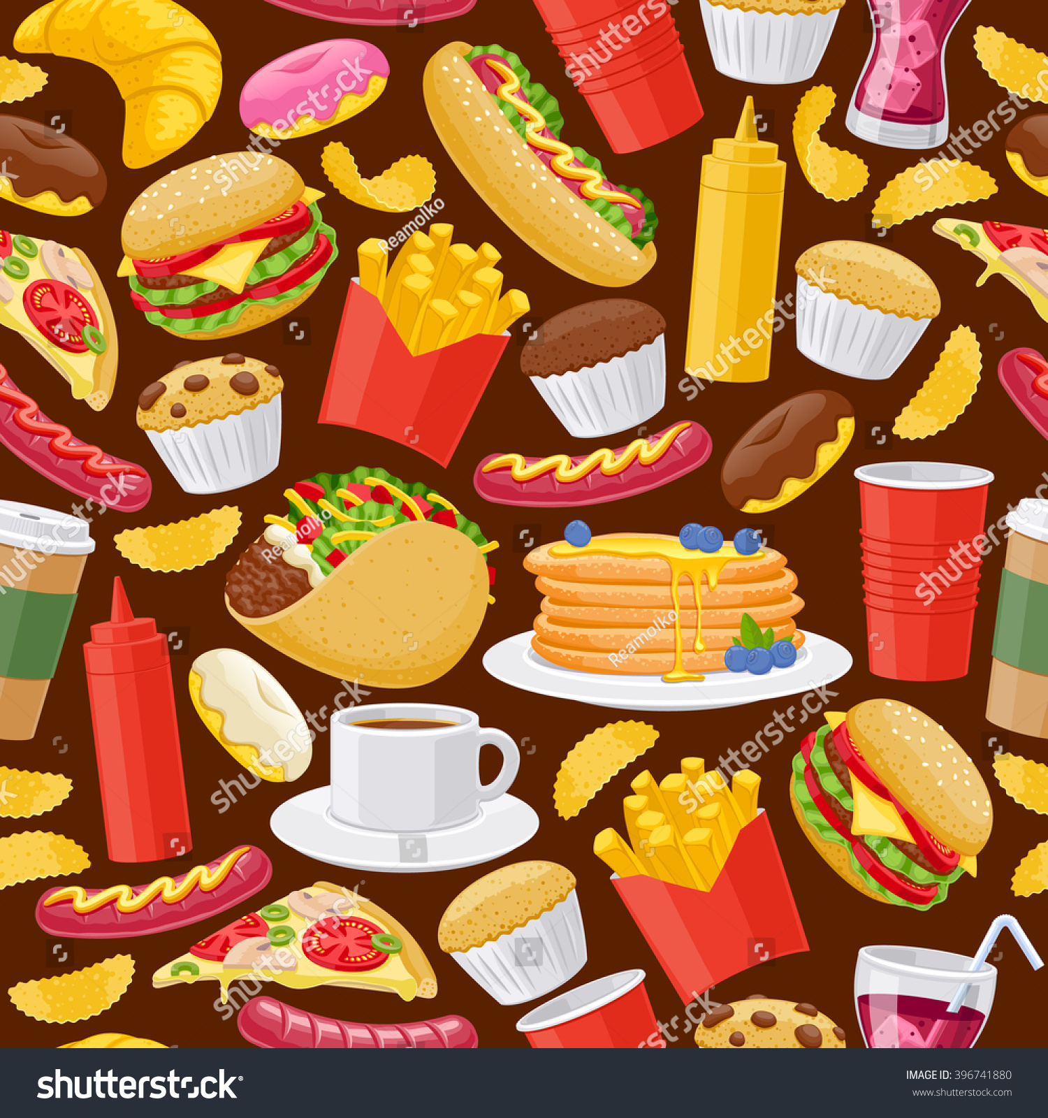  Beautiful Fast Food Icons Seamless Background Stock Vector 