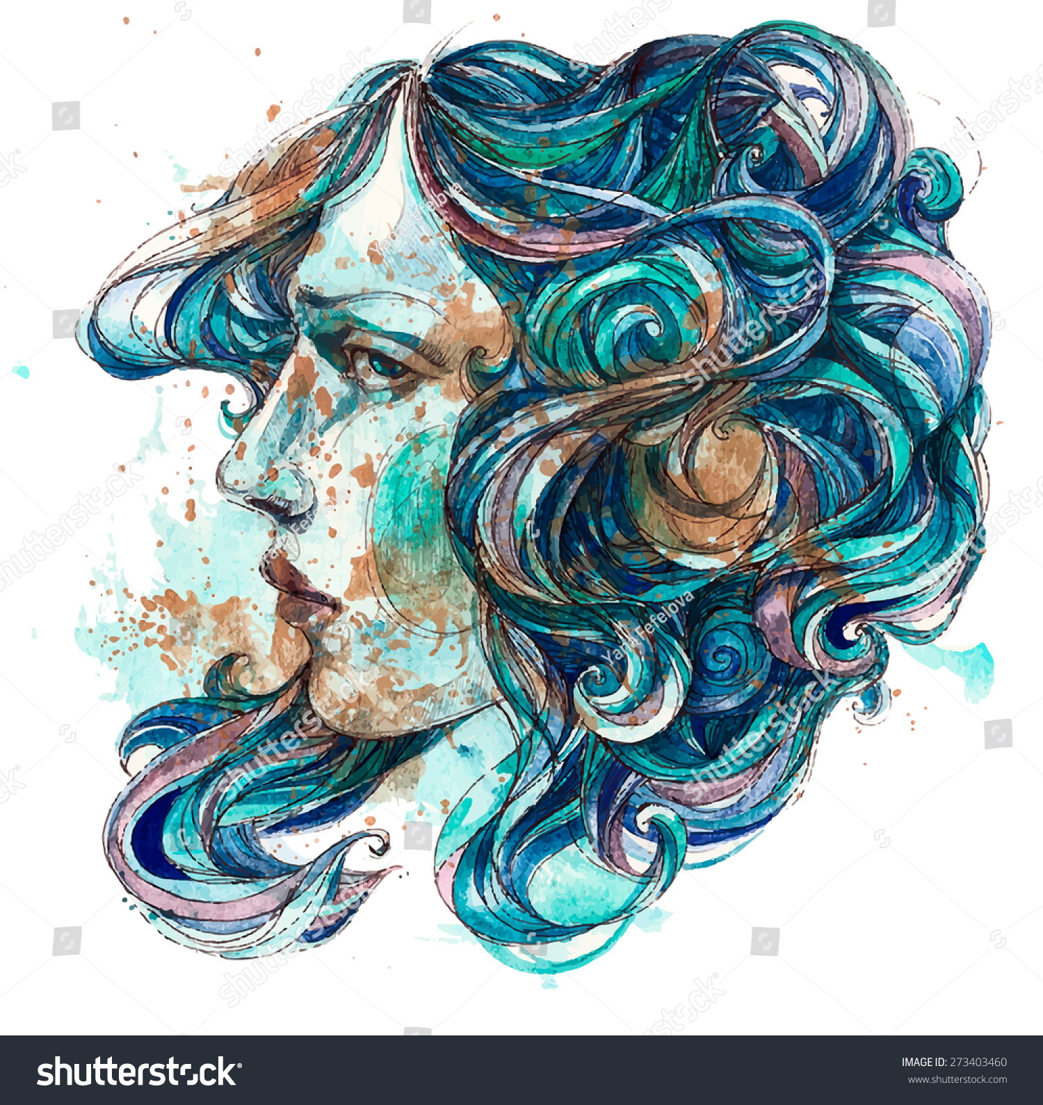 Beautiful Girl Face Long Blue Hair Stock Vector 273403460