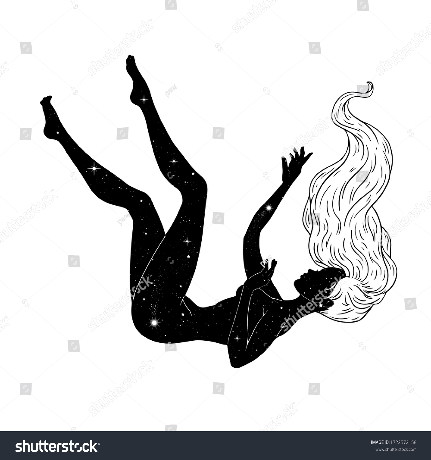 recommend clip art: Beautiful girl floating through space, stars background, esoteric theme. Vector illustration