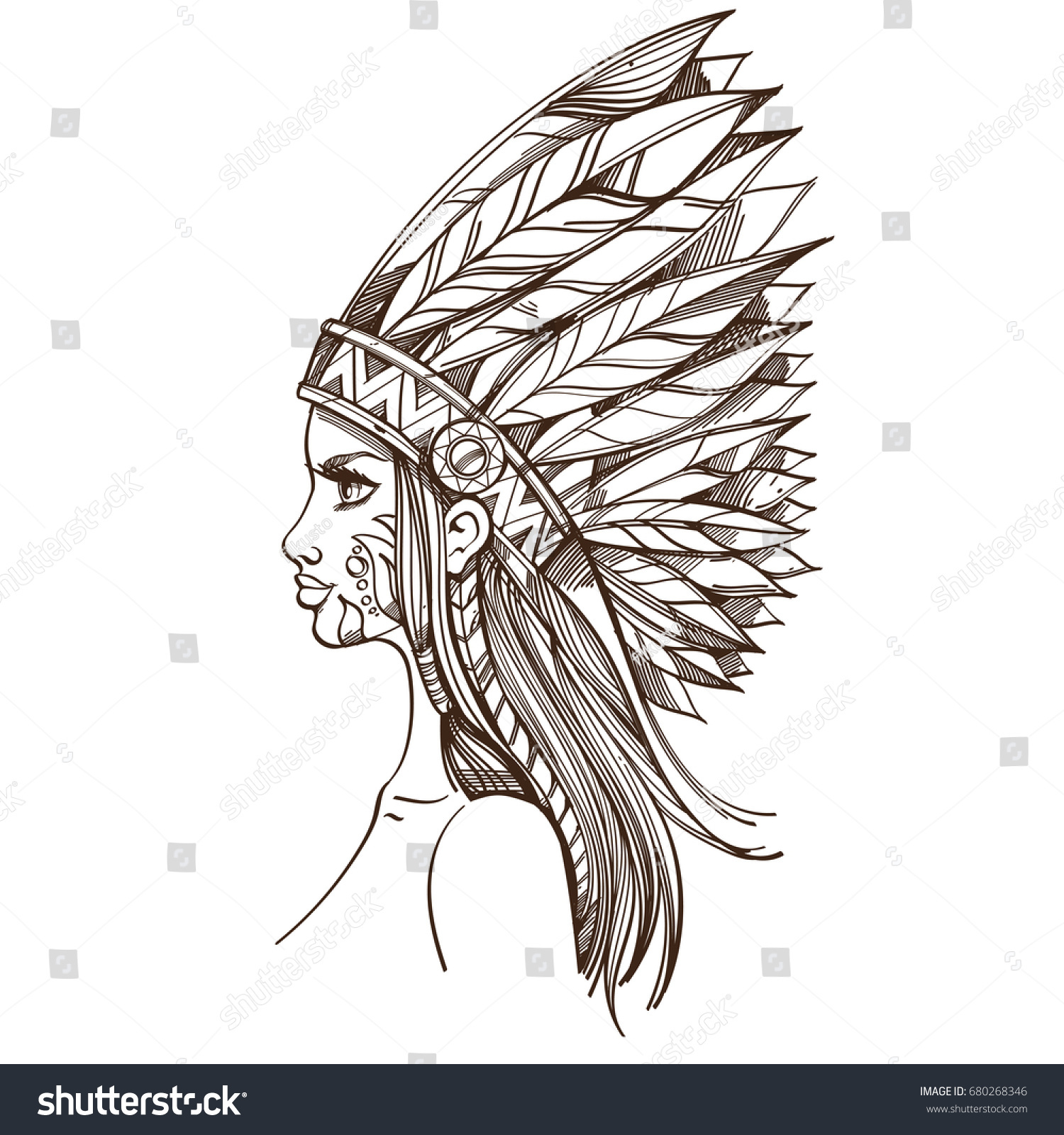 Beautiful Girl Headdress North American Indians Stock Vector 680268346 ...