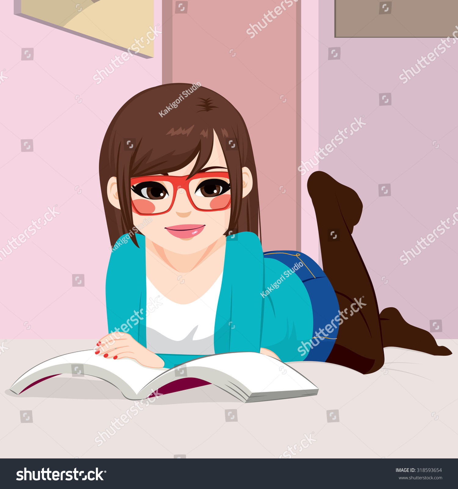 Beautiful Girl Reading Book Lying Down Stock Vector ...
