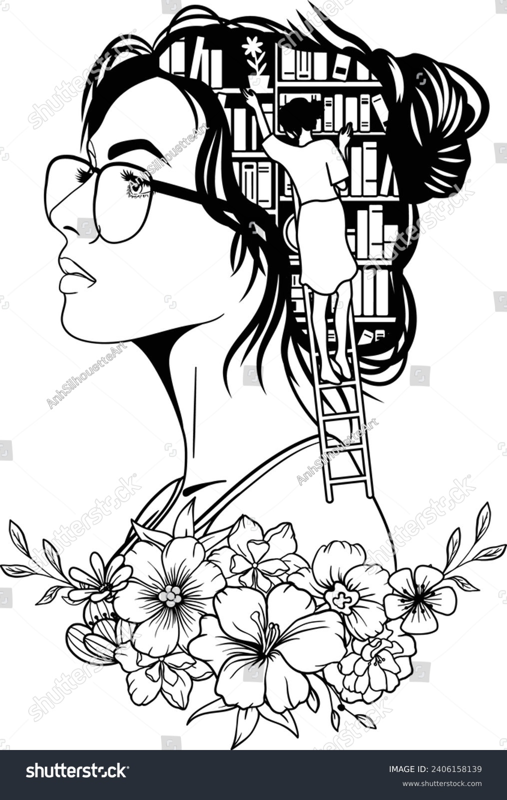 SVG of Beautiful girl with books silhouette, Floral woman, Books flowers svg