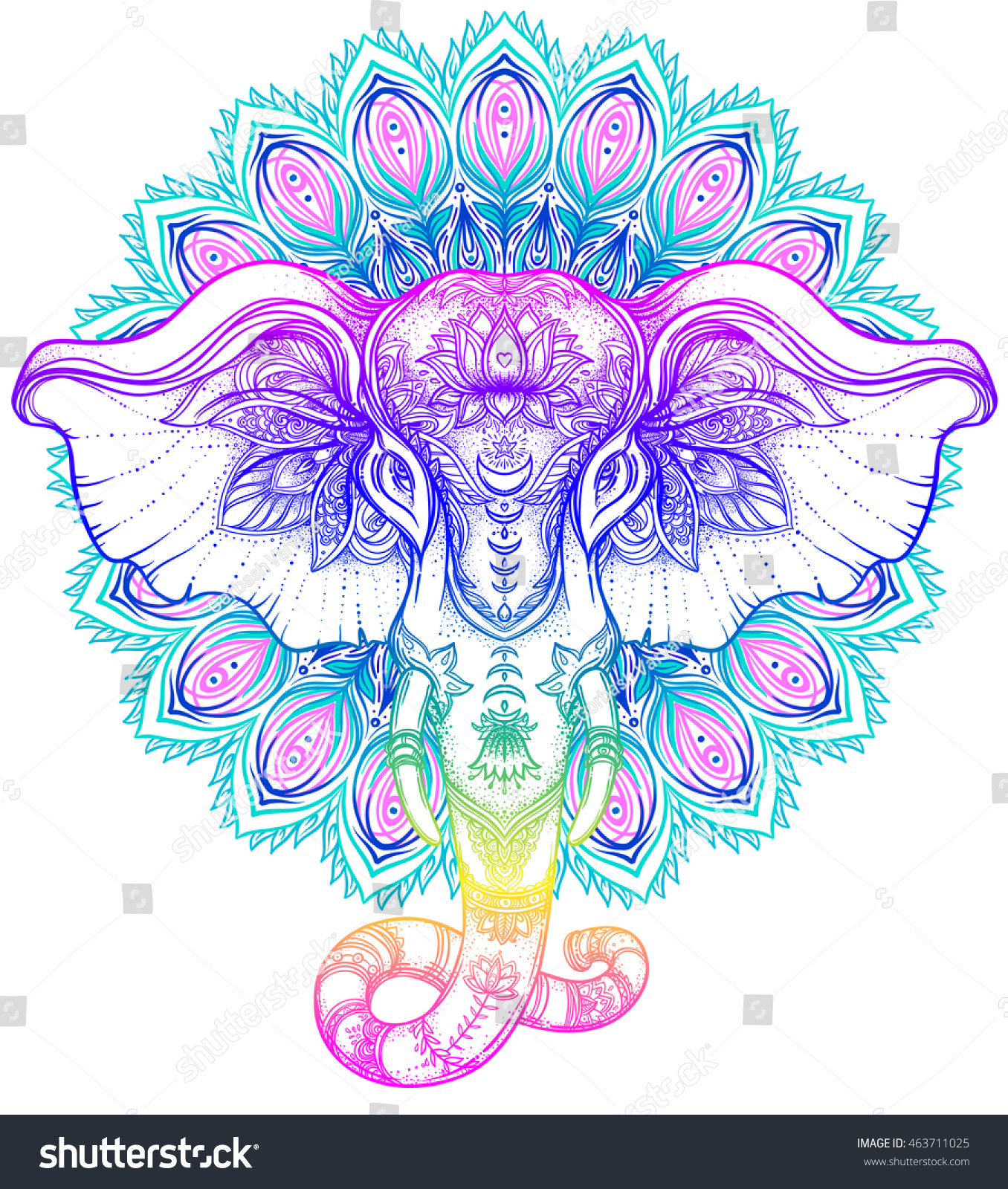 SVG of Beautiful hand-drawn tribal style elephant over mandala. Colorful design with boho pattern, psychedelic ornaments. Ethnic poster, spiritual art, yoga. Indian god Ganesha, Indian symbol. T-shirt print. svg