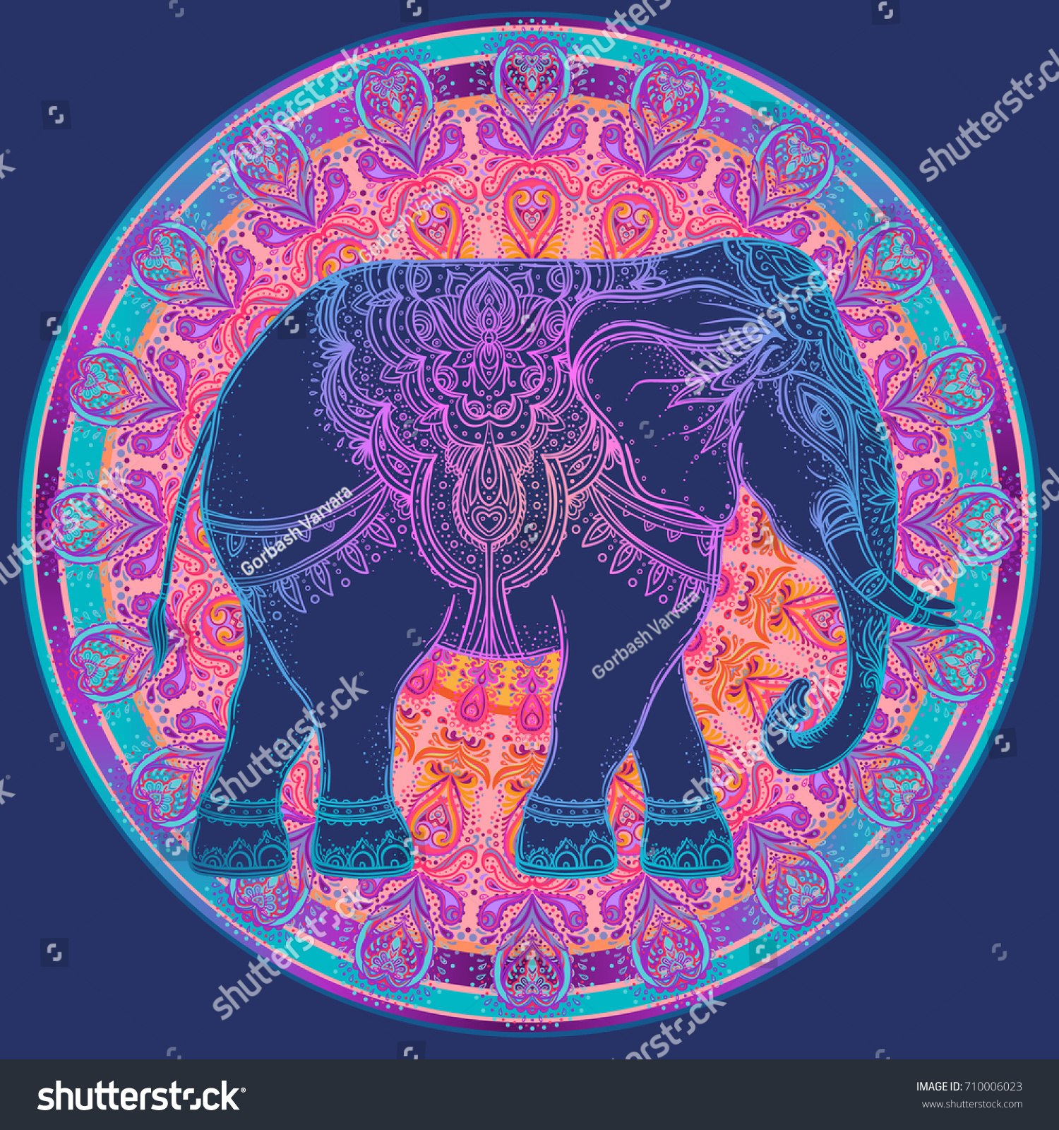 SVG of Beautiful hand-drawn tribal style elephant over mandala. Colorful design with boho pattern, psychedelic ornaments. Ethnic poster, spiritual art, yoga. Indian god Ganesha, Indian symbol. T-shirt print. svg