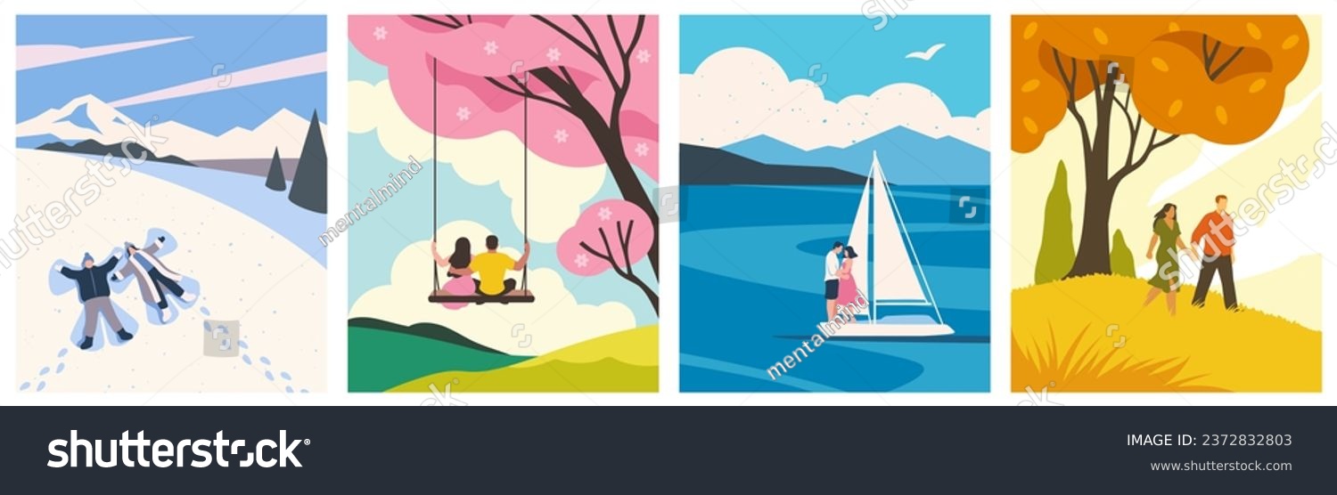 SVG of Beautiful hand drawn wallpapers, cards or posters collection with landscapes in four seasons seasons. Loving couples and their romantic pastime outdoors. Set of flat vector illustrations svg