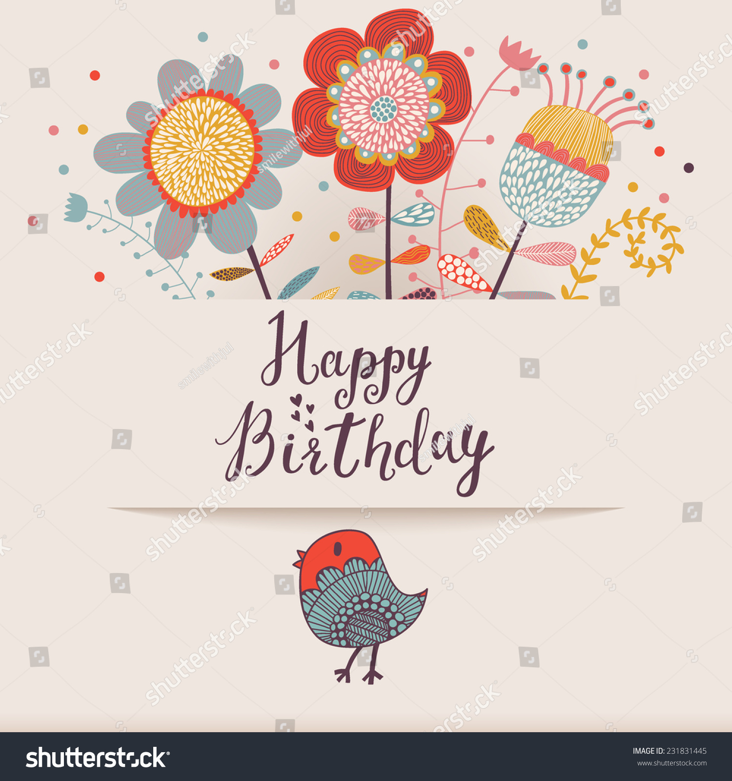 Beautiful Happy Birthday Greeting Card With Flowers And Bird. Cartoon ...