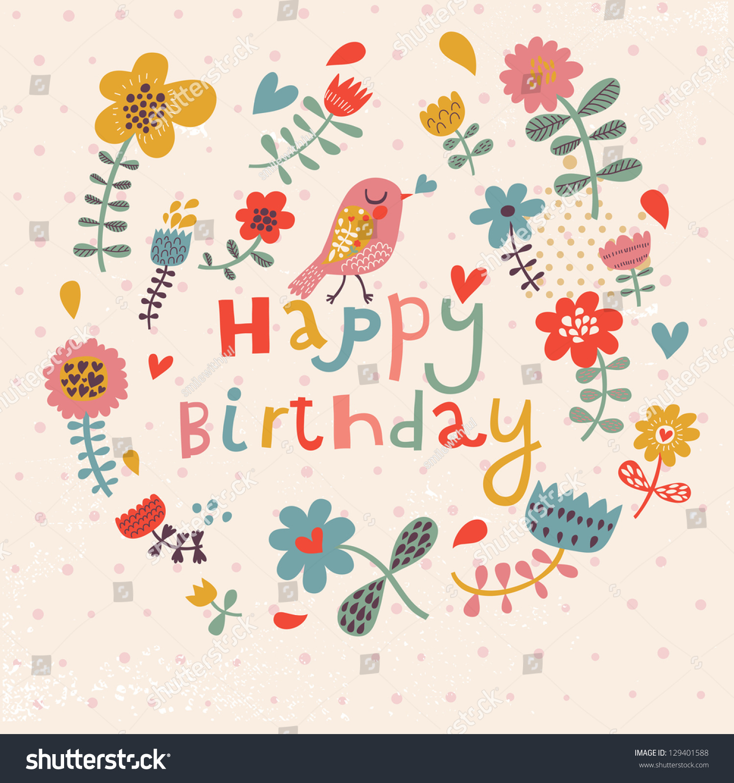 Beautiful Happy Birthday Greeting Card Flowers Stock Vector 129401588 ...