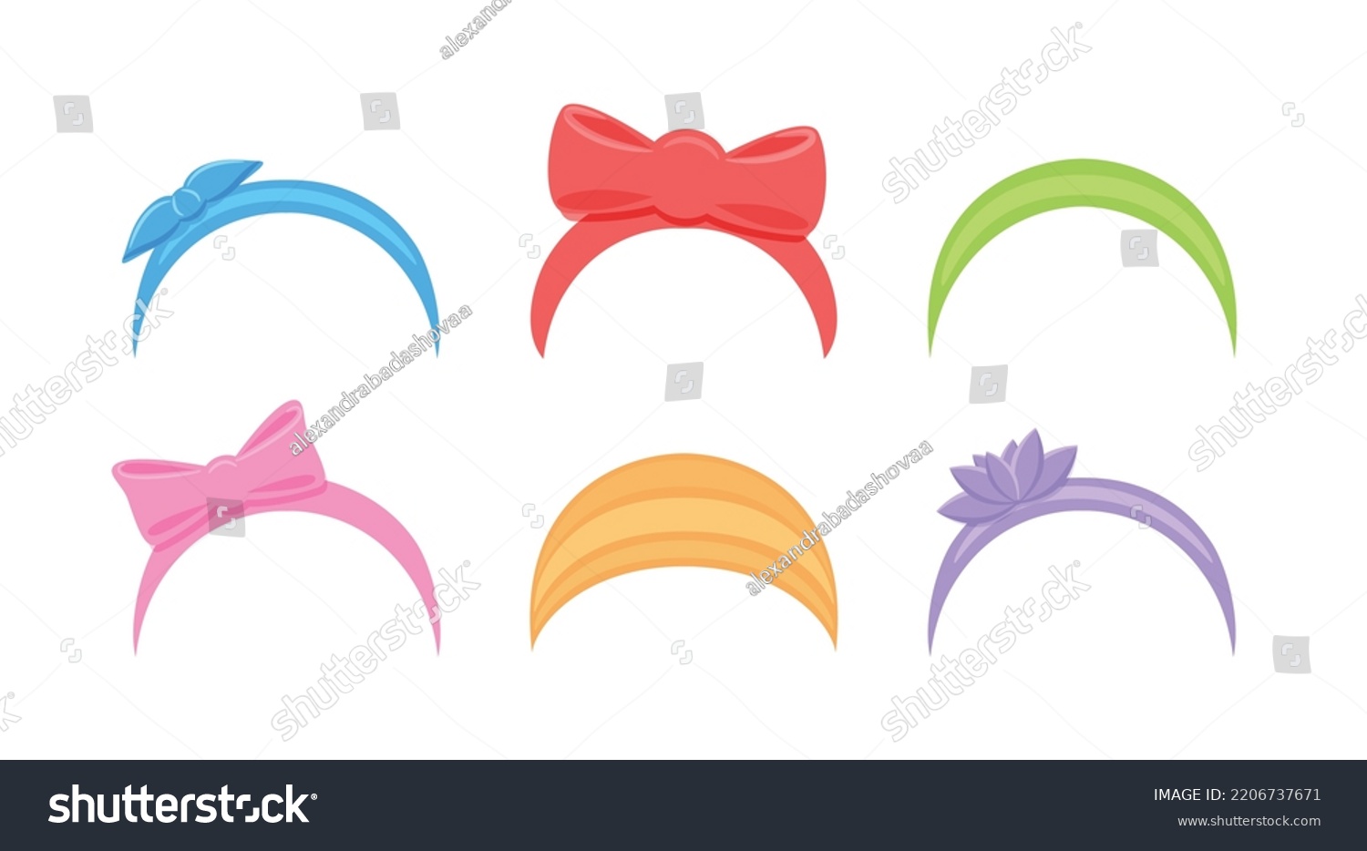 SVG of Beautiful Headbands. Set. Cute Female Hair Accessory. Headband with Bow and Flower for Young Woman and Little Girl. Color Fashion Cartoon style. White background. Vector illustration. svg